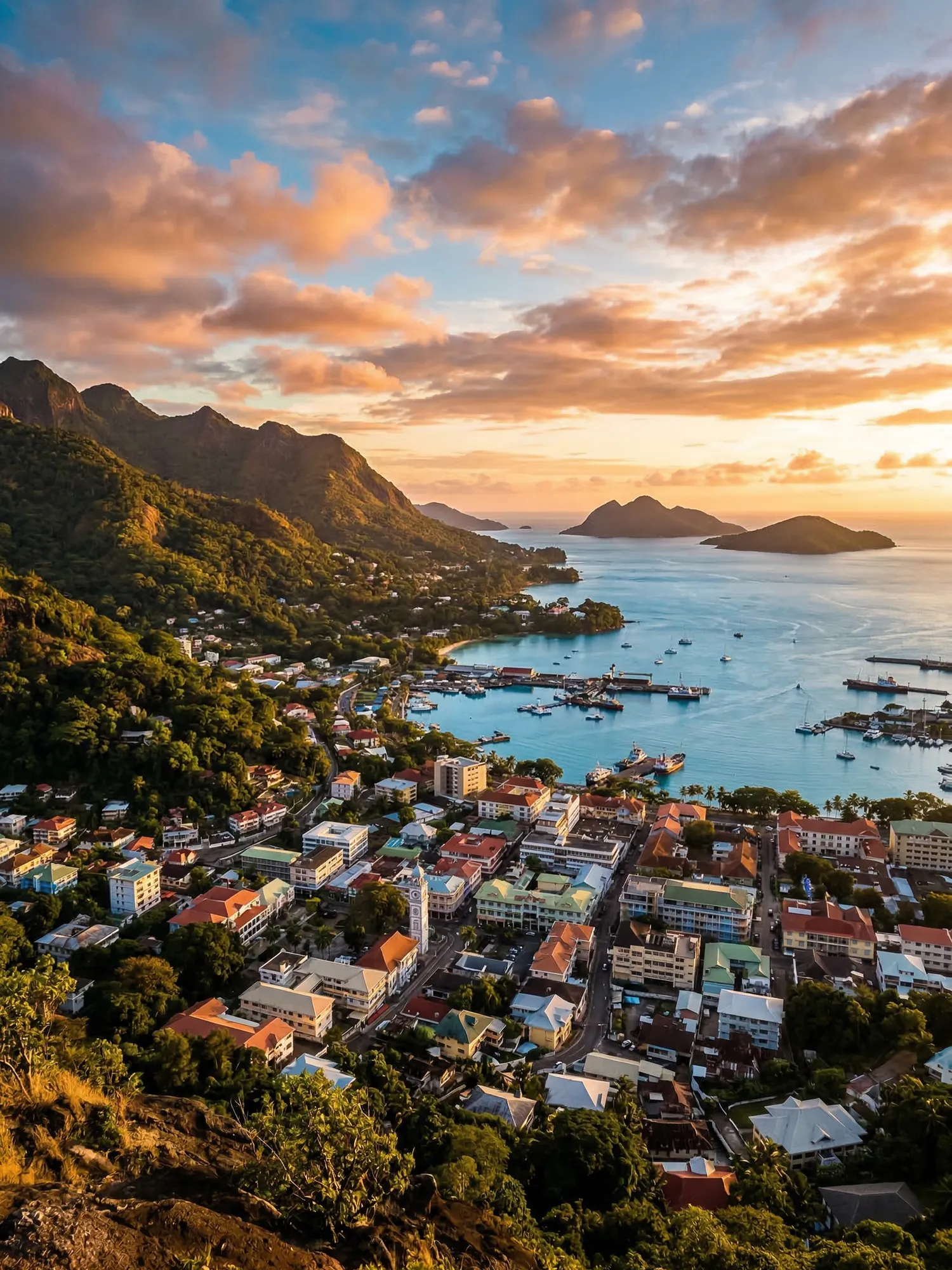 Image of Panoramic Cityscape View Of Seychelles At Sunset