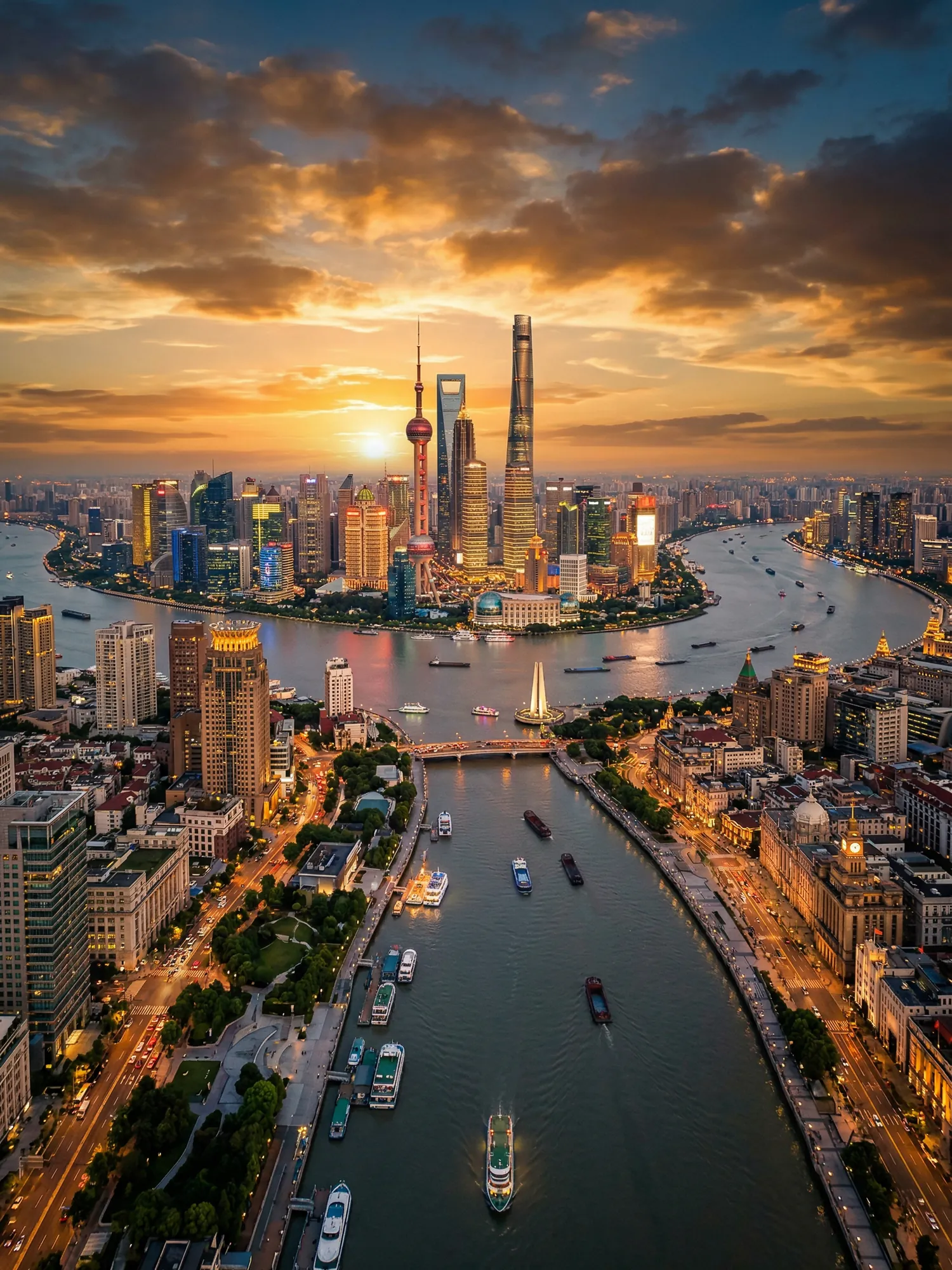 Image of Panoramic Cityscape View Of Shanghai At Sunset