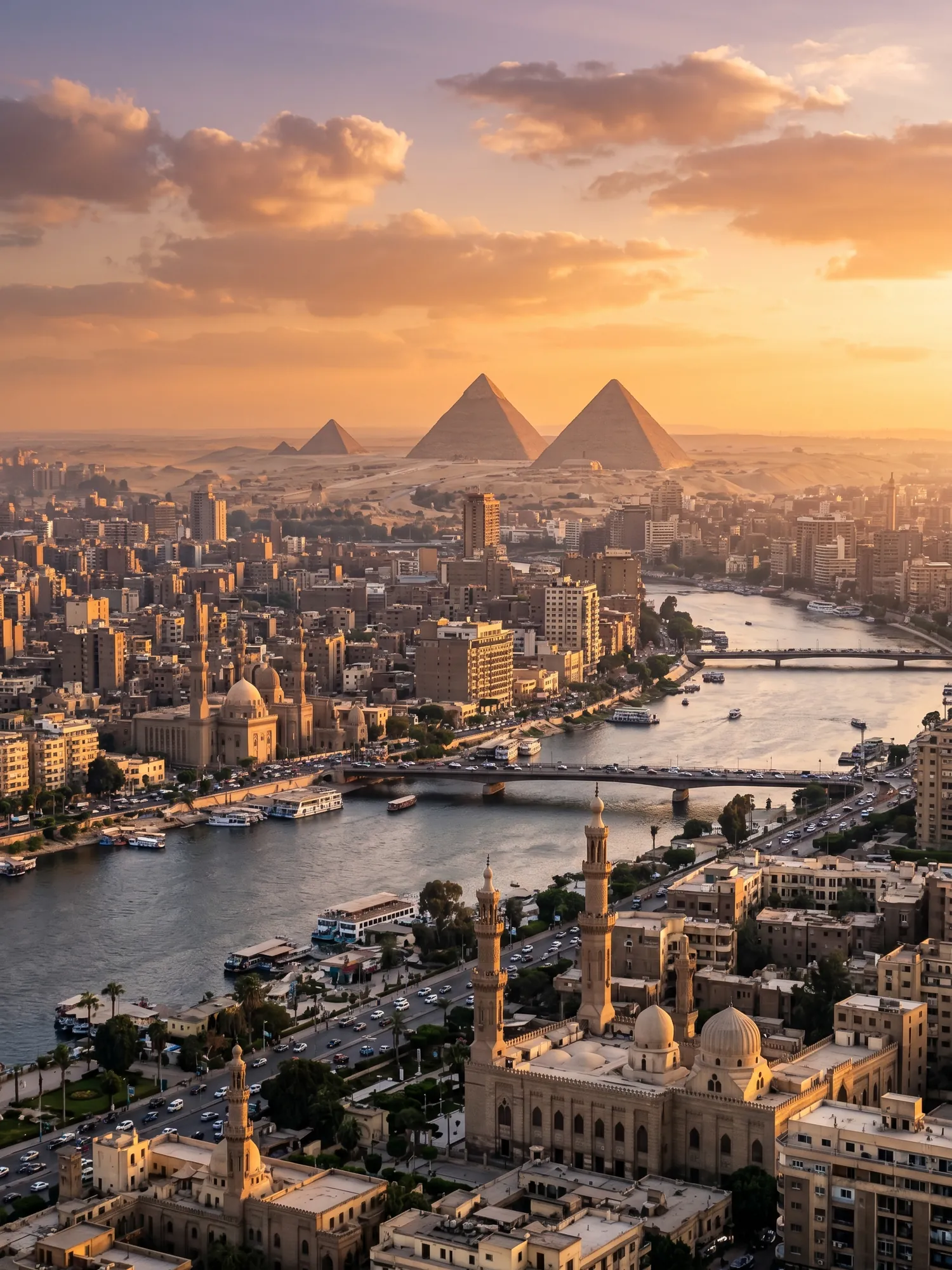 Panoramic aerial view of Cairo skyline at golden hour