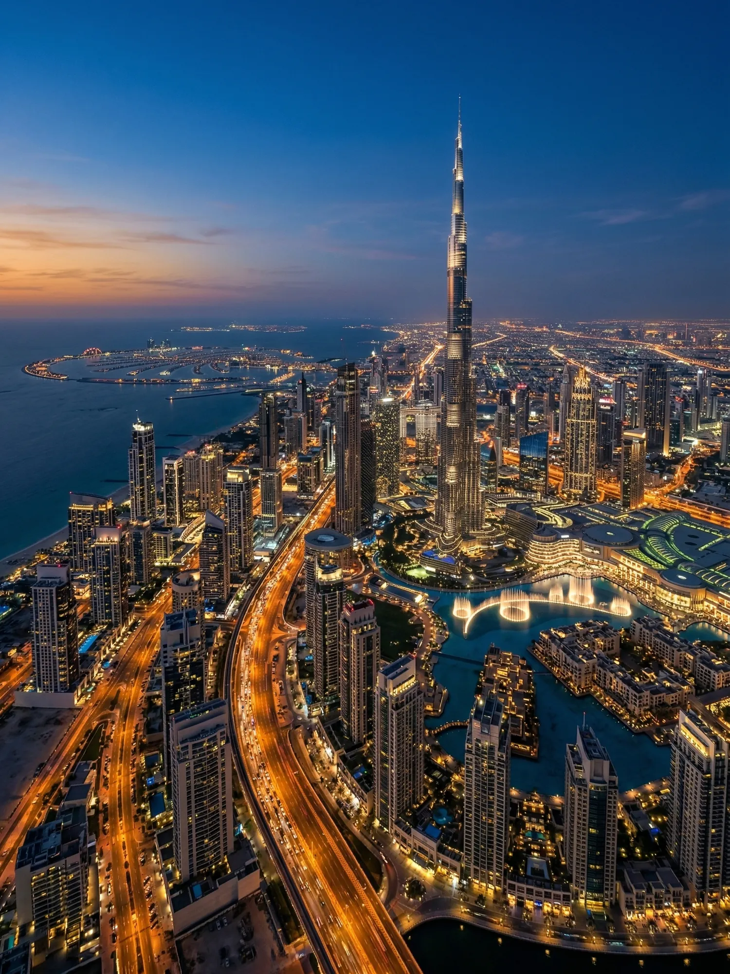Panoramic aerial view of Dubai skyline at golden hour