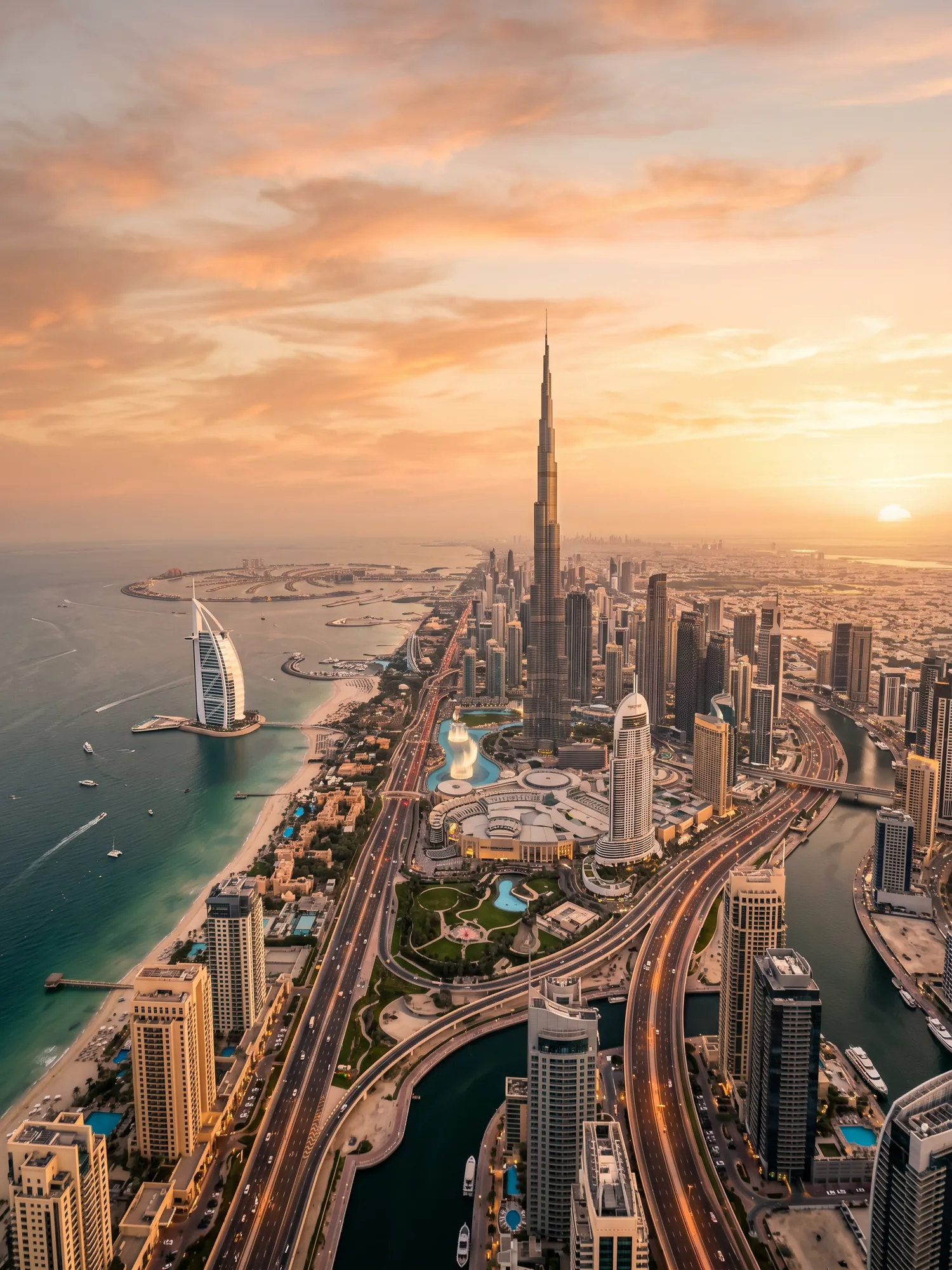 Panoramic aerial view of Dubai skyline at golden hour