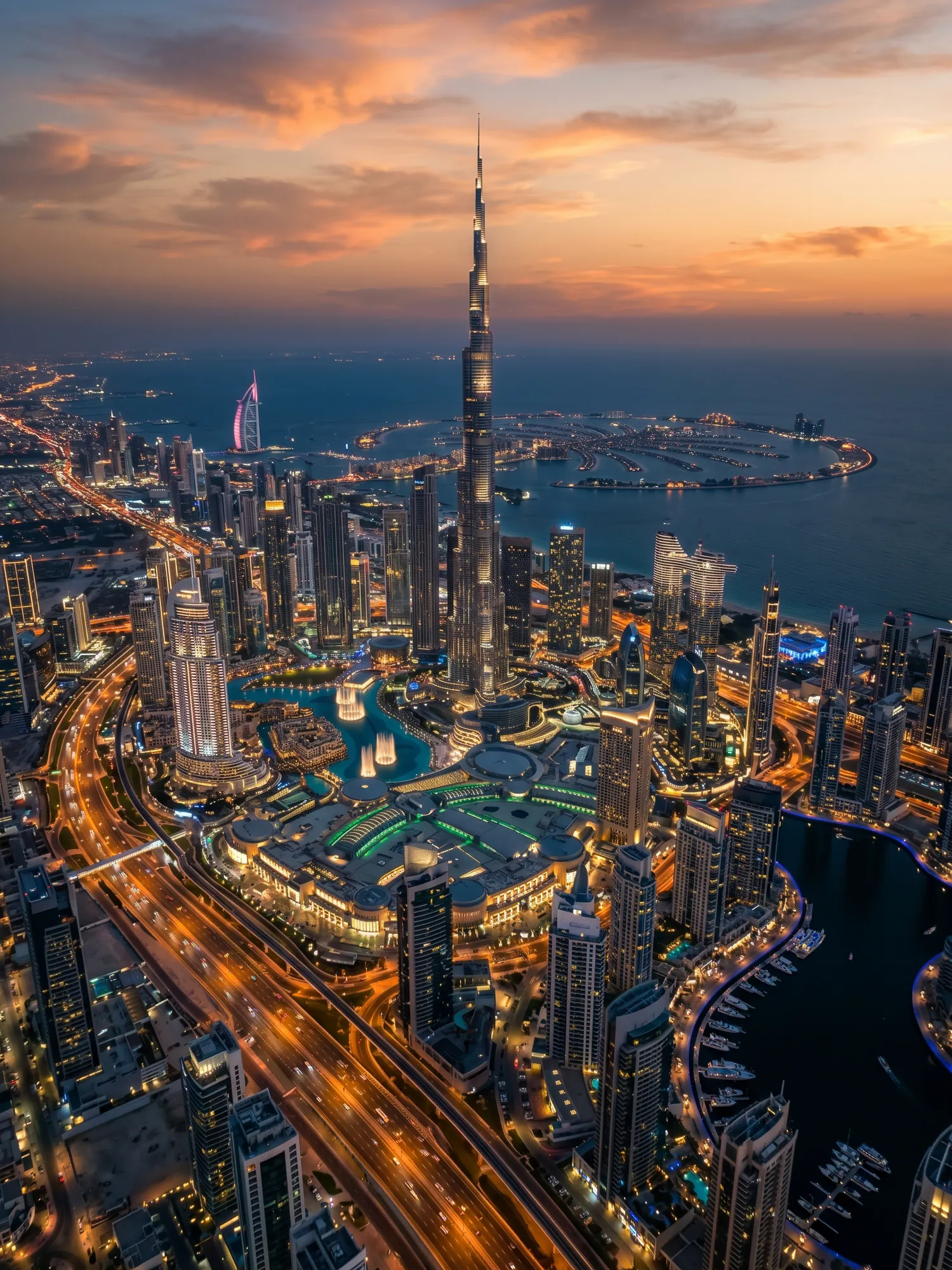 Panoramic aerial view of Dubai skyline at golden hour