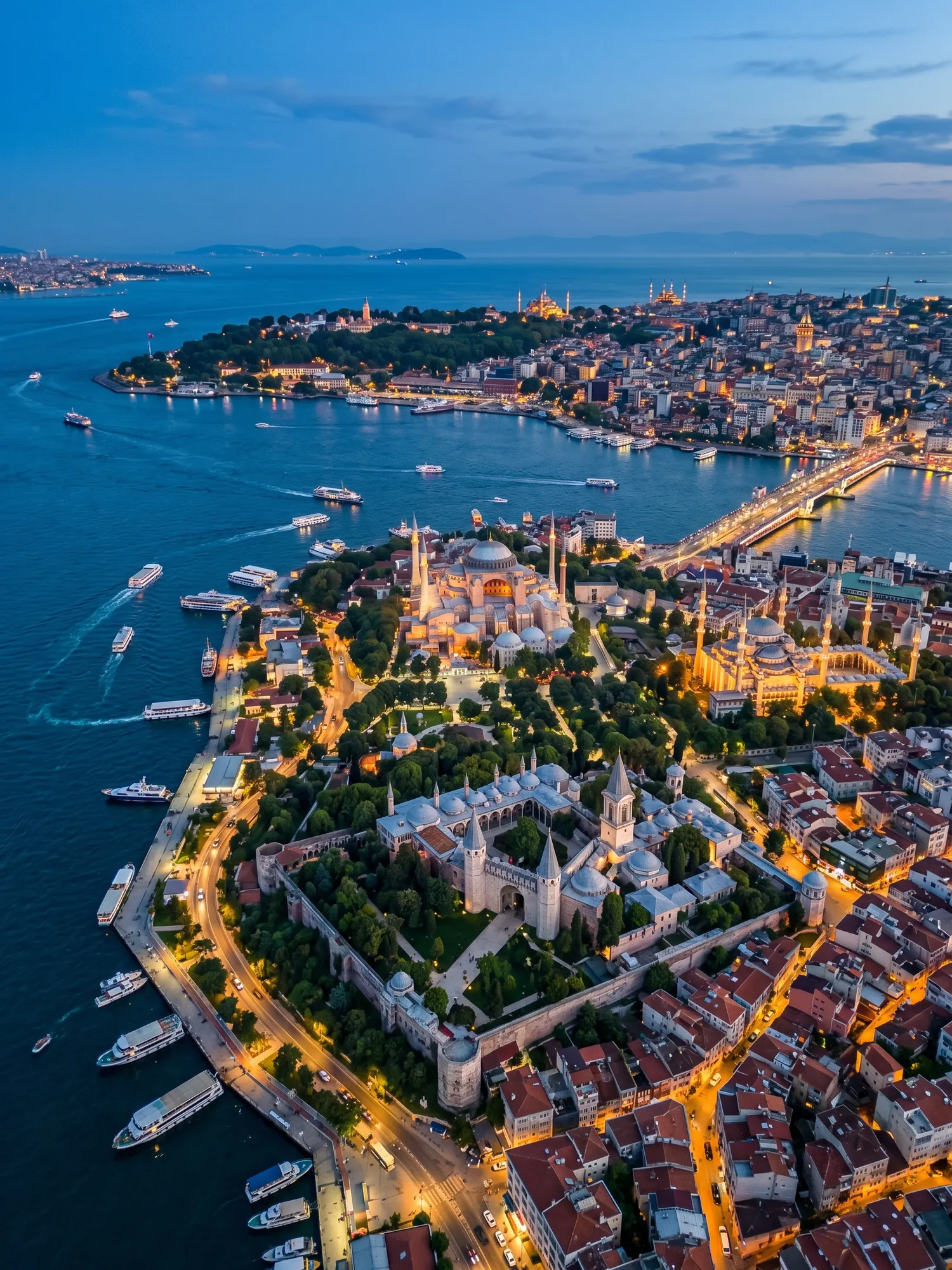 Panoramic aerial view of Istanbul skyline at golden hour