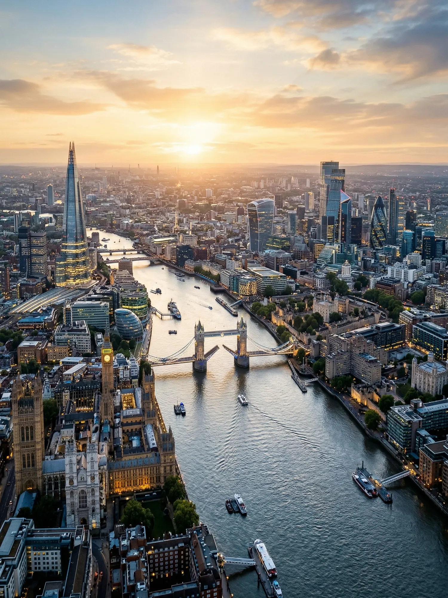 Panoramic aerial view of London skyline at golden hour