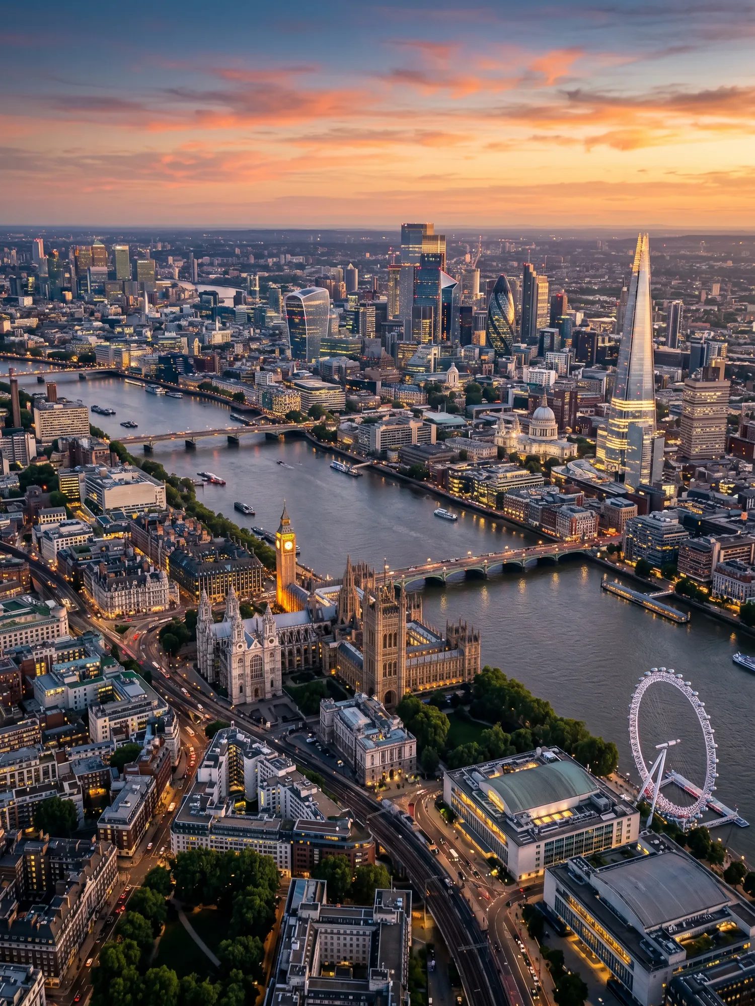 Panoramic aerial view of London skyline at golden hour
