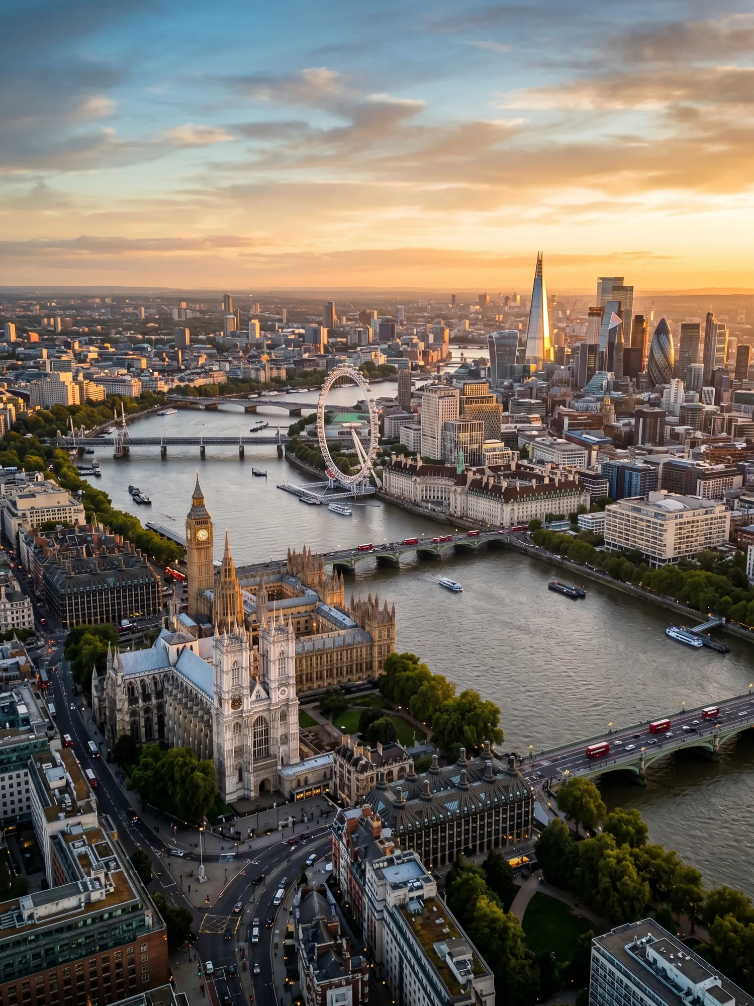 Panoramic aerial view of London skyline at golden hour