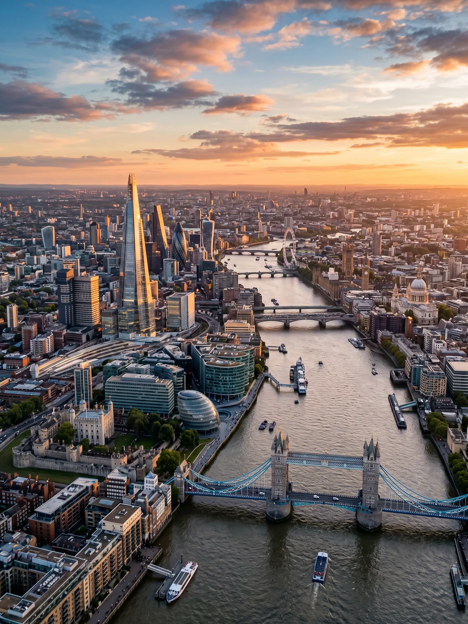 Panoramic aerial view of London skyline at golden hour