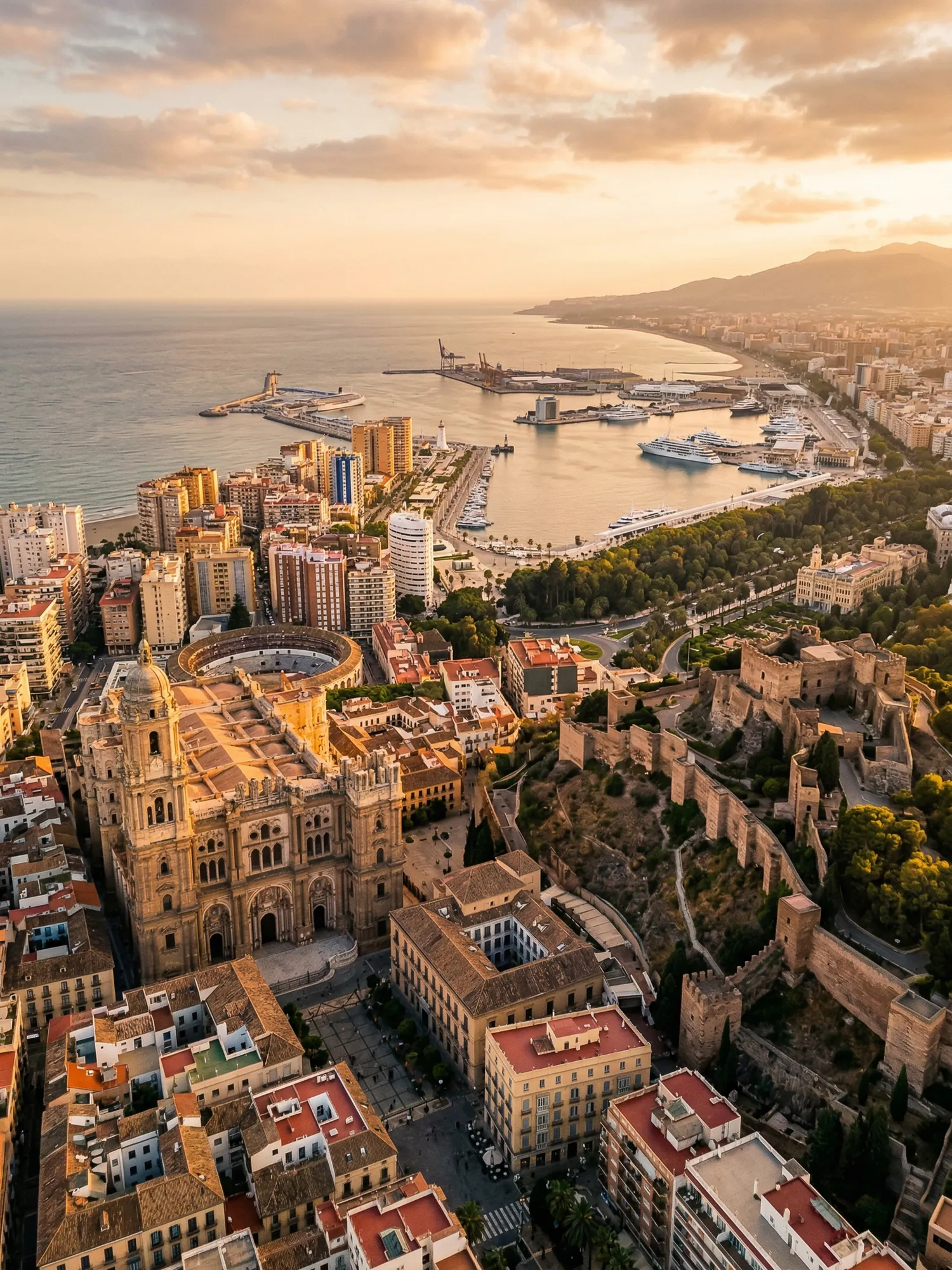Panoramic aerial view of Malaga skyline at golden hour