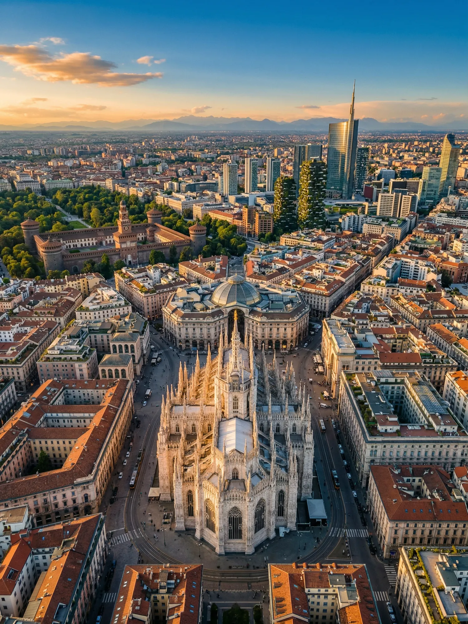 Panoramic aerial view of Milan skyline at golden hour