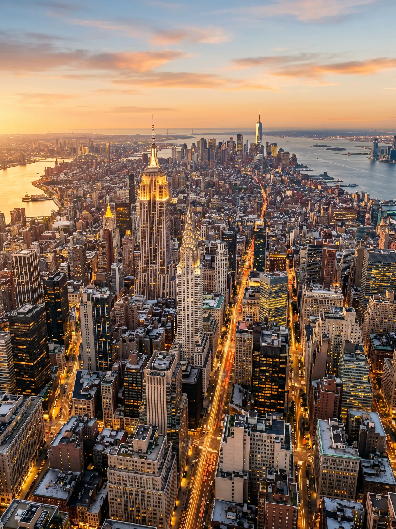 Panoramic aerial view of New York skyline at golden hour