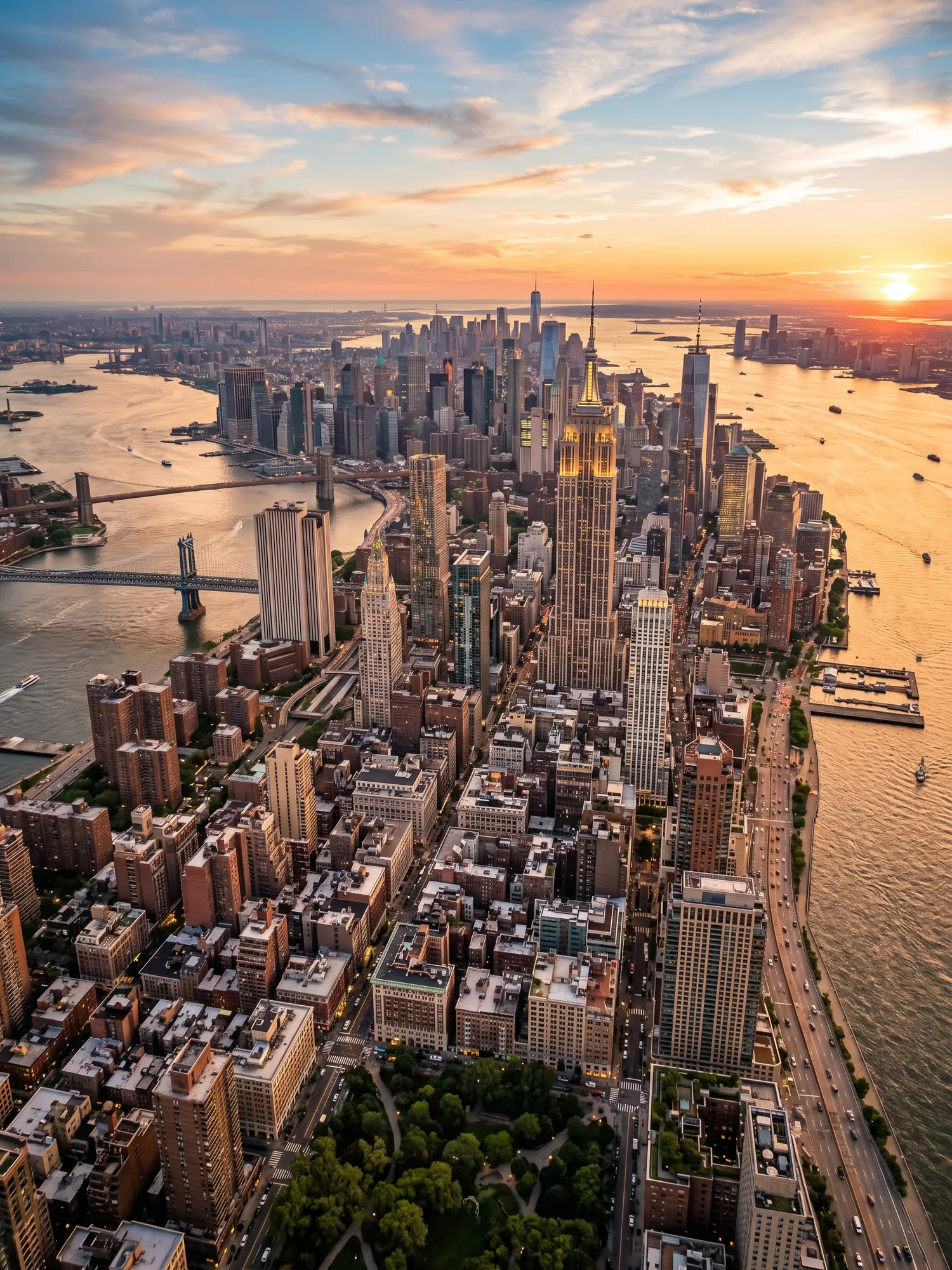 Panoramic aerial view of New York skyline at golden hour