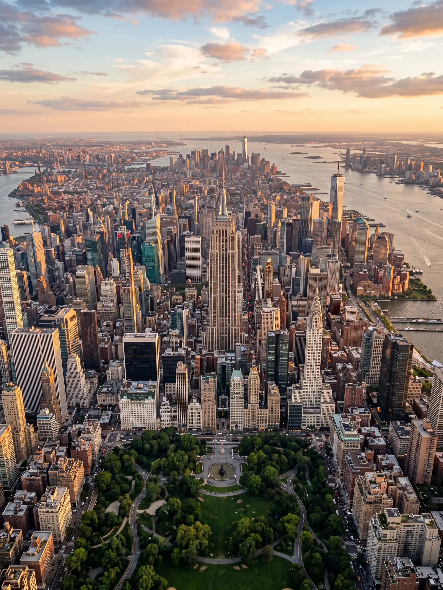 Panoramic aerial view of New York skyline at golden hour