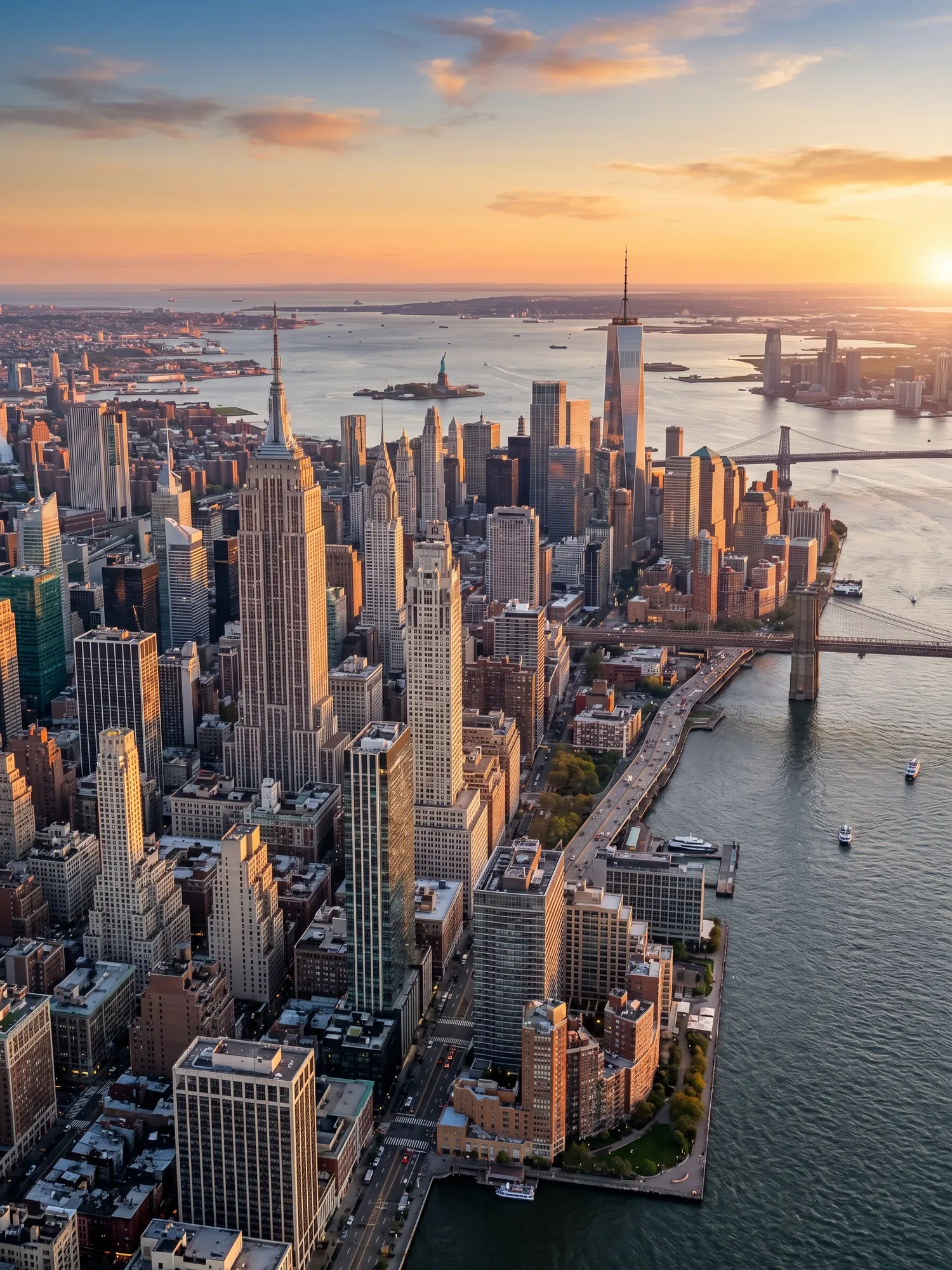 Panoramic aerial view of New York skyline at golden hour