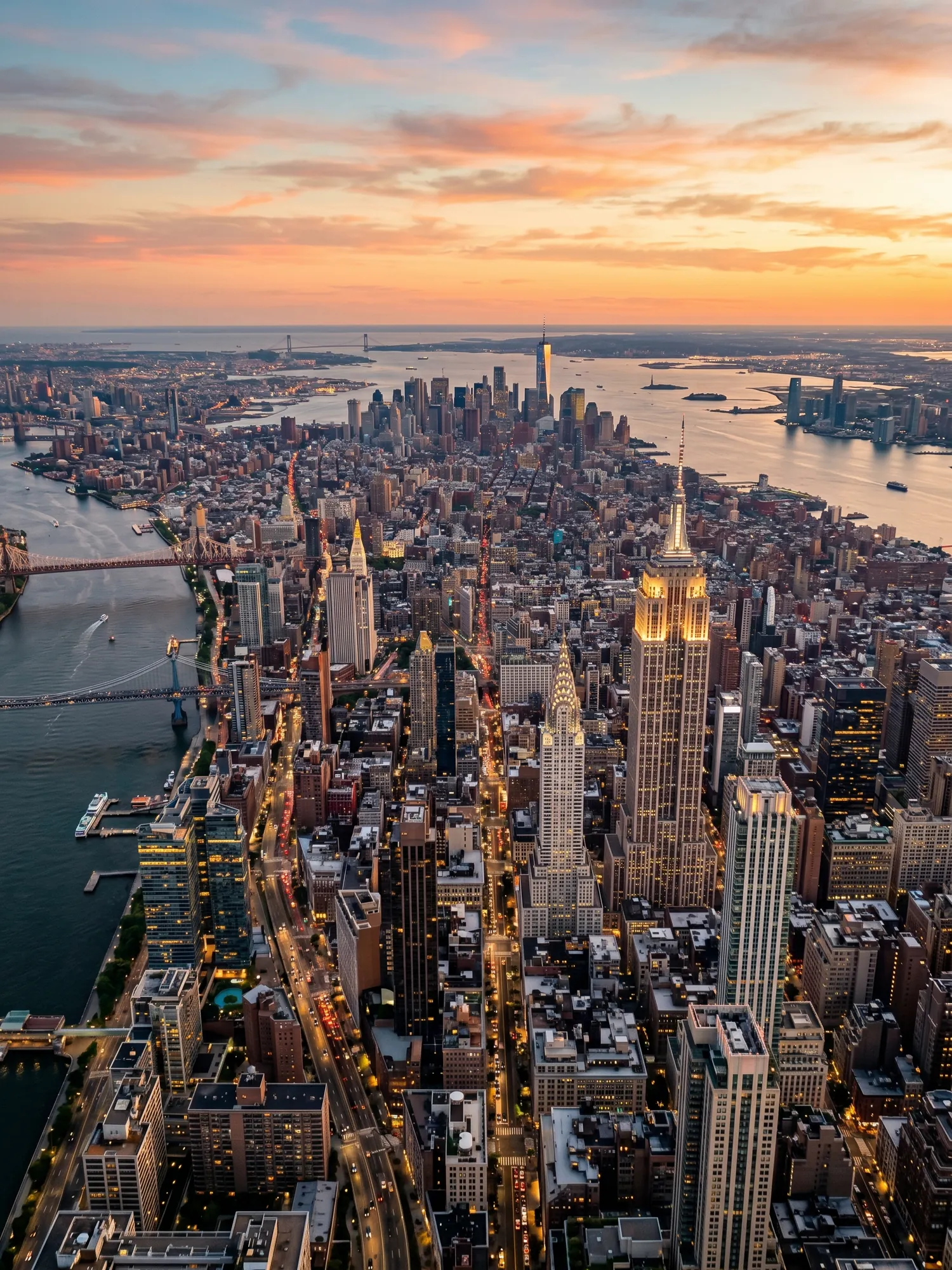 Panoramic aerial view of New York skyline at golden hour