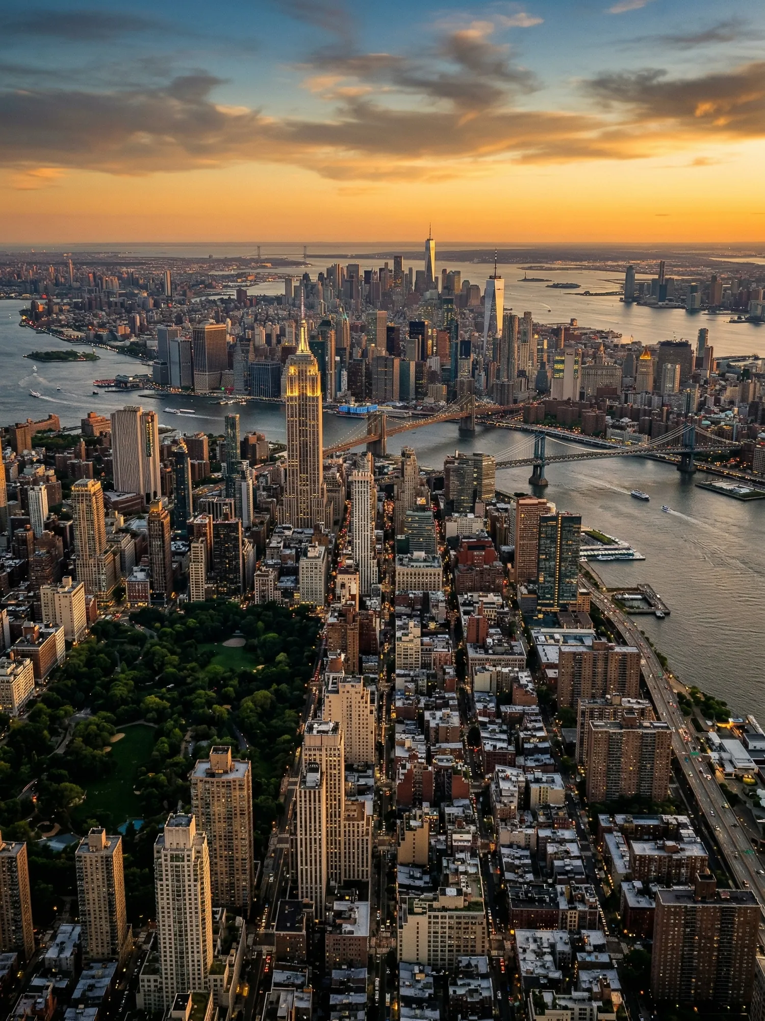 Panoramic aerial view of New York skyline at golden hour