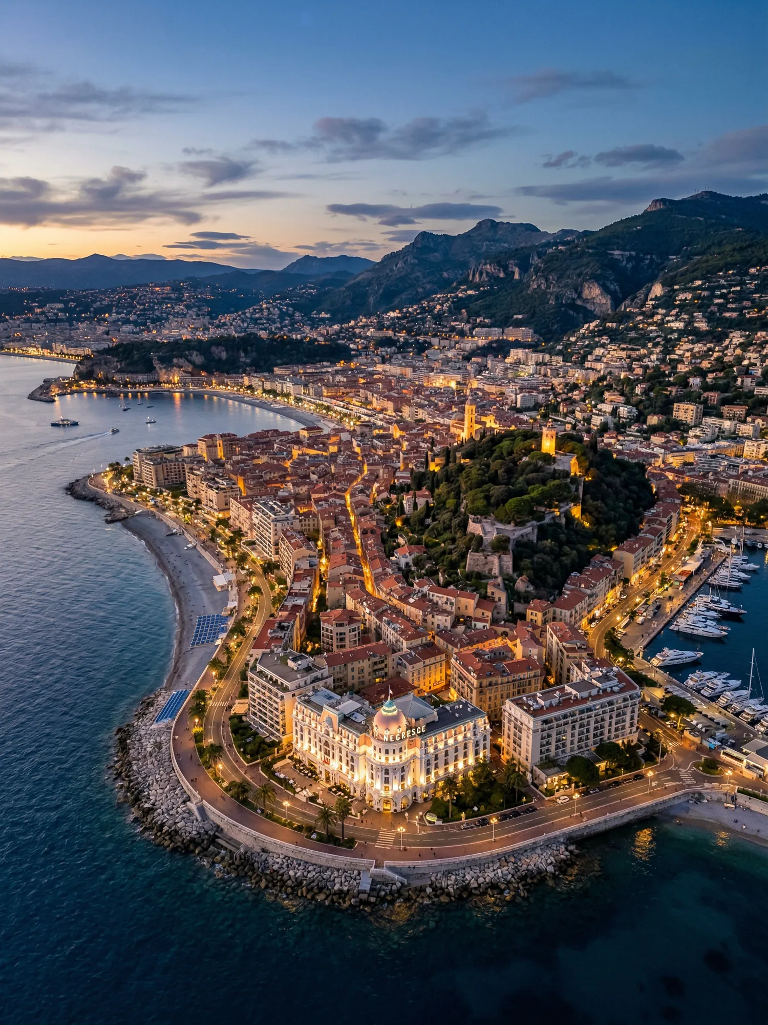 Panoramic aerial view of Nice skyline at golden hour