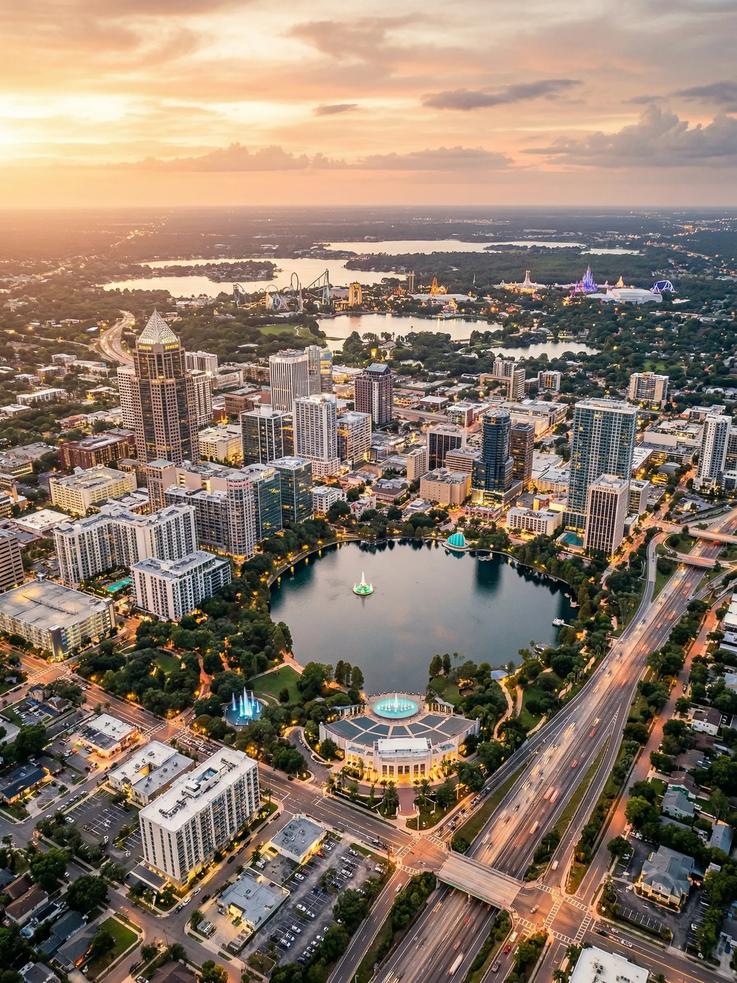 Panoramic aerial view of Orlando skyline at golden hour