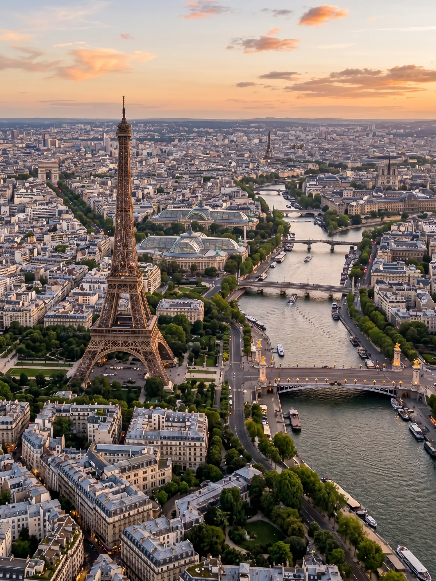 Panoramic aerial view of Paris skyline at golden hour