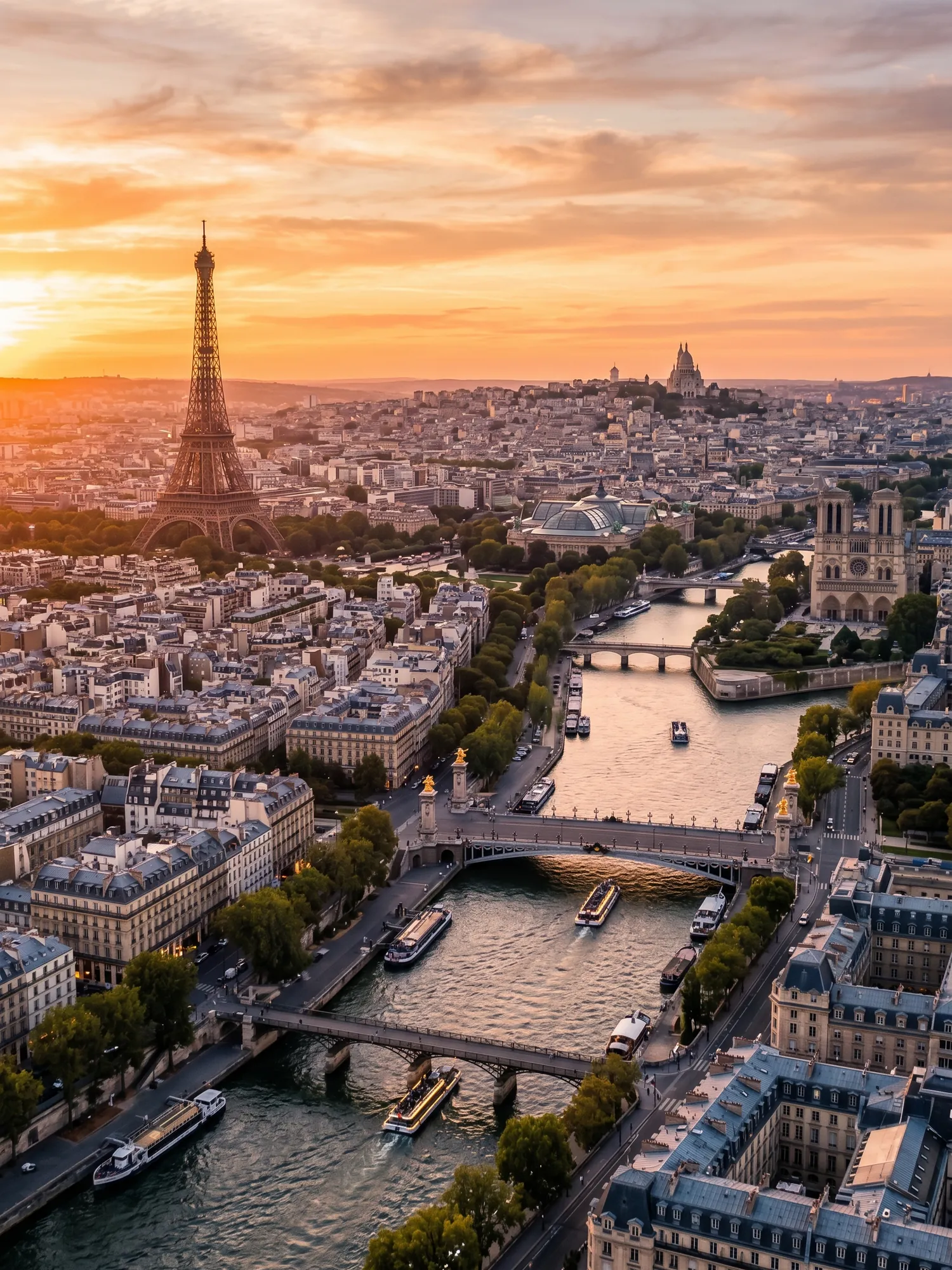 Panoramic aerial view of Paris skyline at golden hour