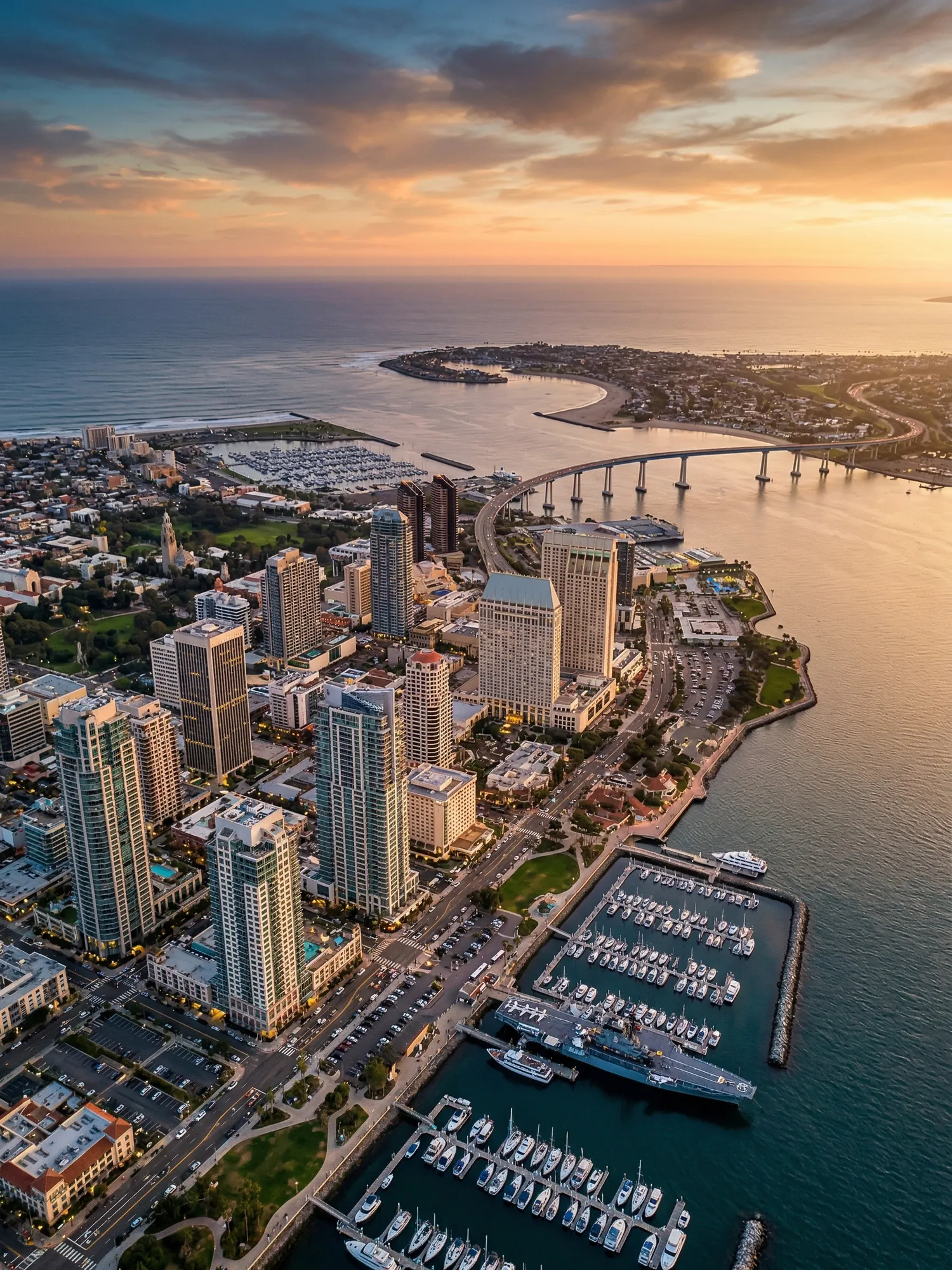 Panoramic aerial view of San Diego skyline at golden hour
