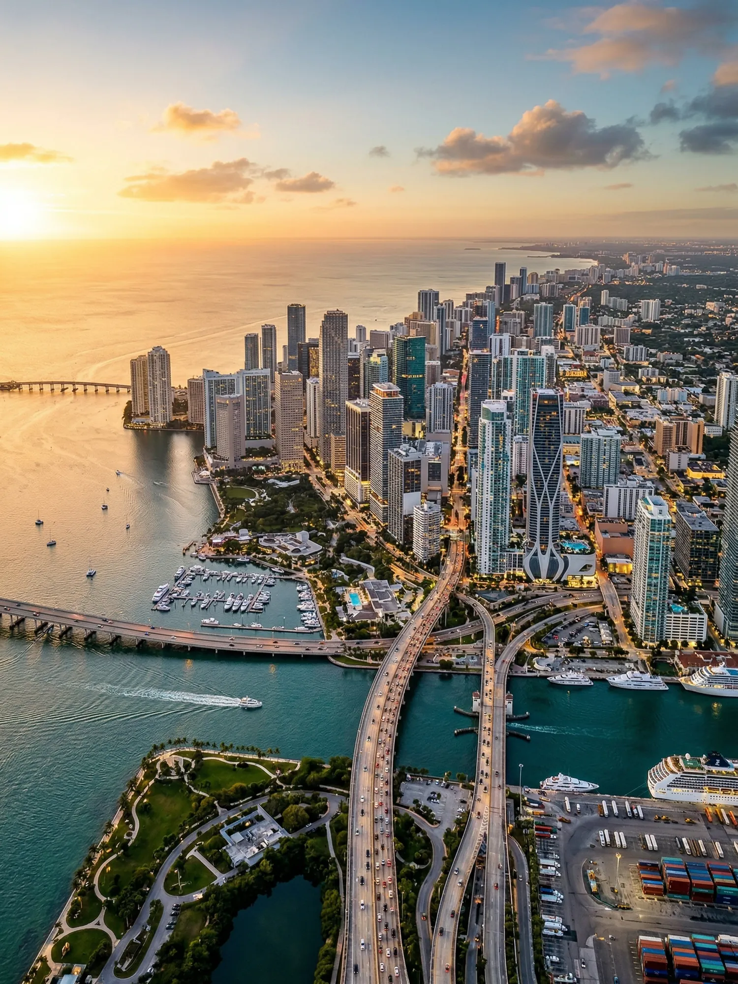 Panoramic aerial view of South Florida skyline at golden hour