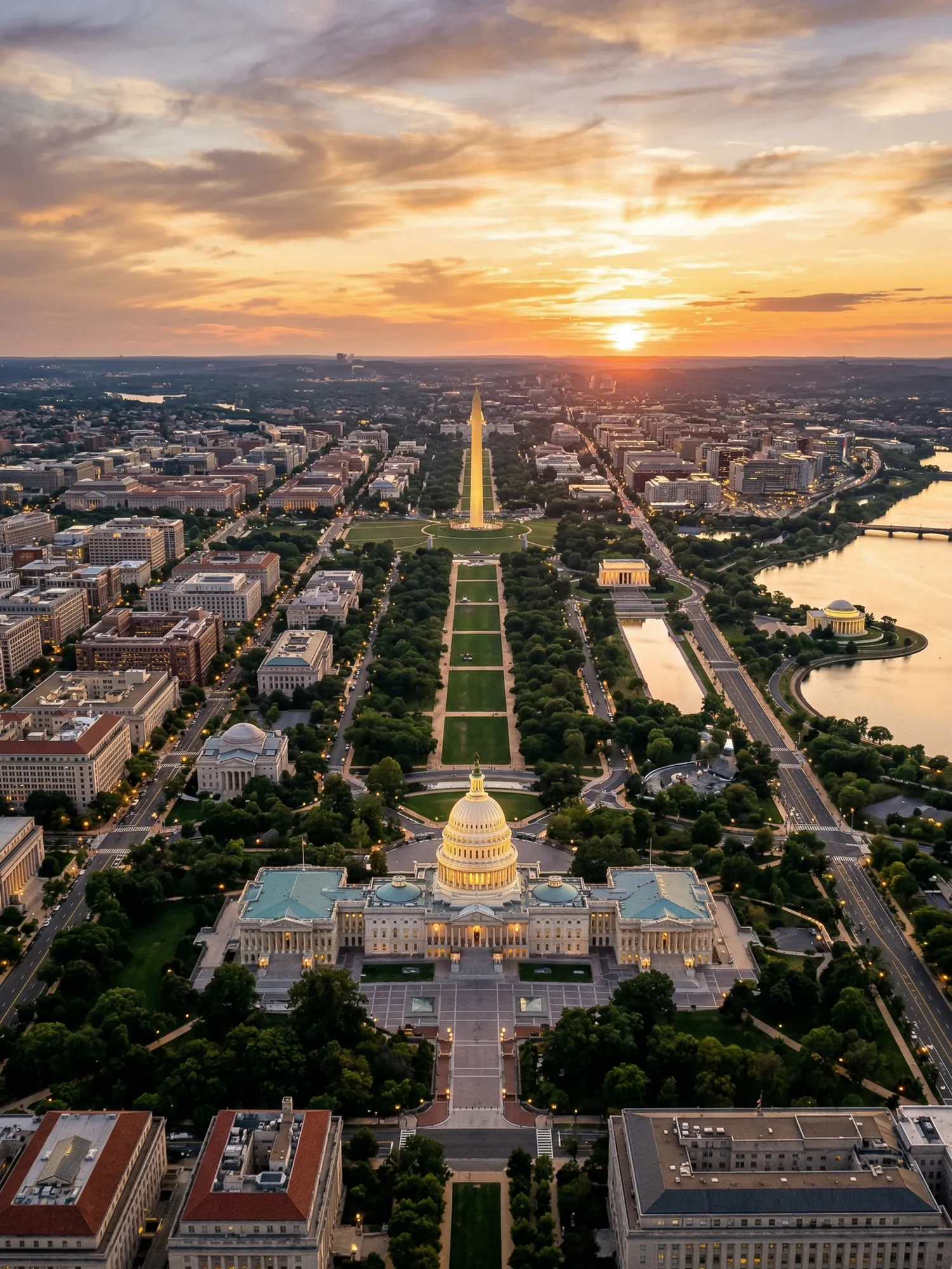 Panoramic aerial view of Washington skyline at golden hour