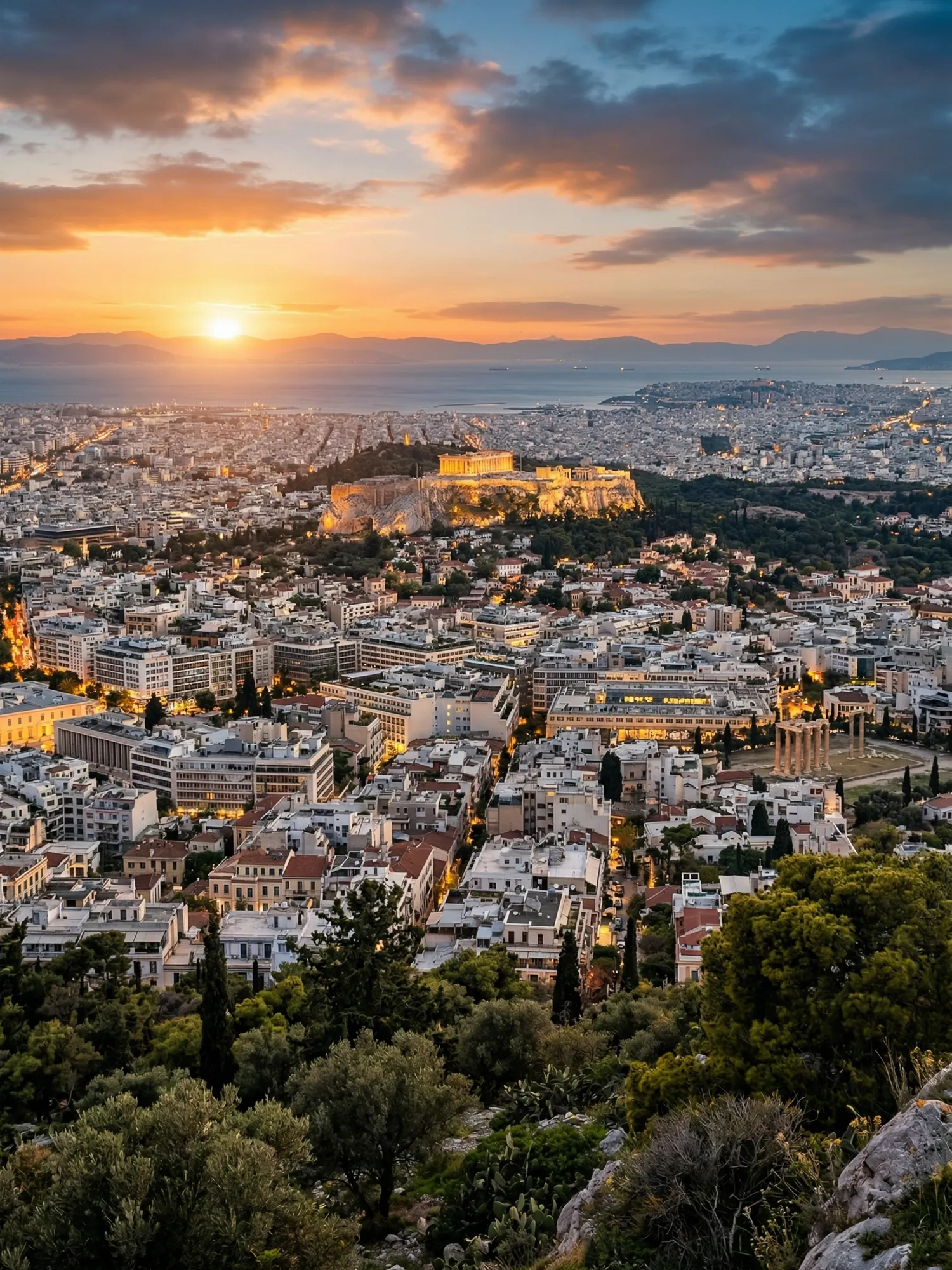 Image of Panoramic Cityscape View Of Athens At Sunset