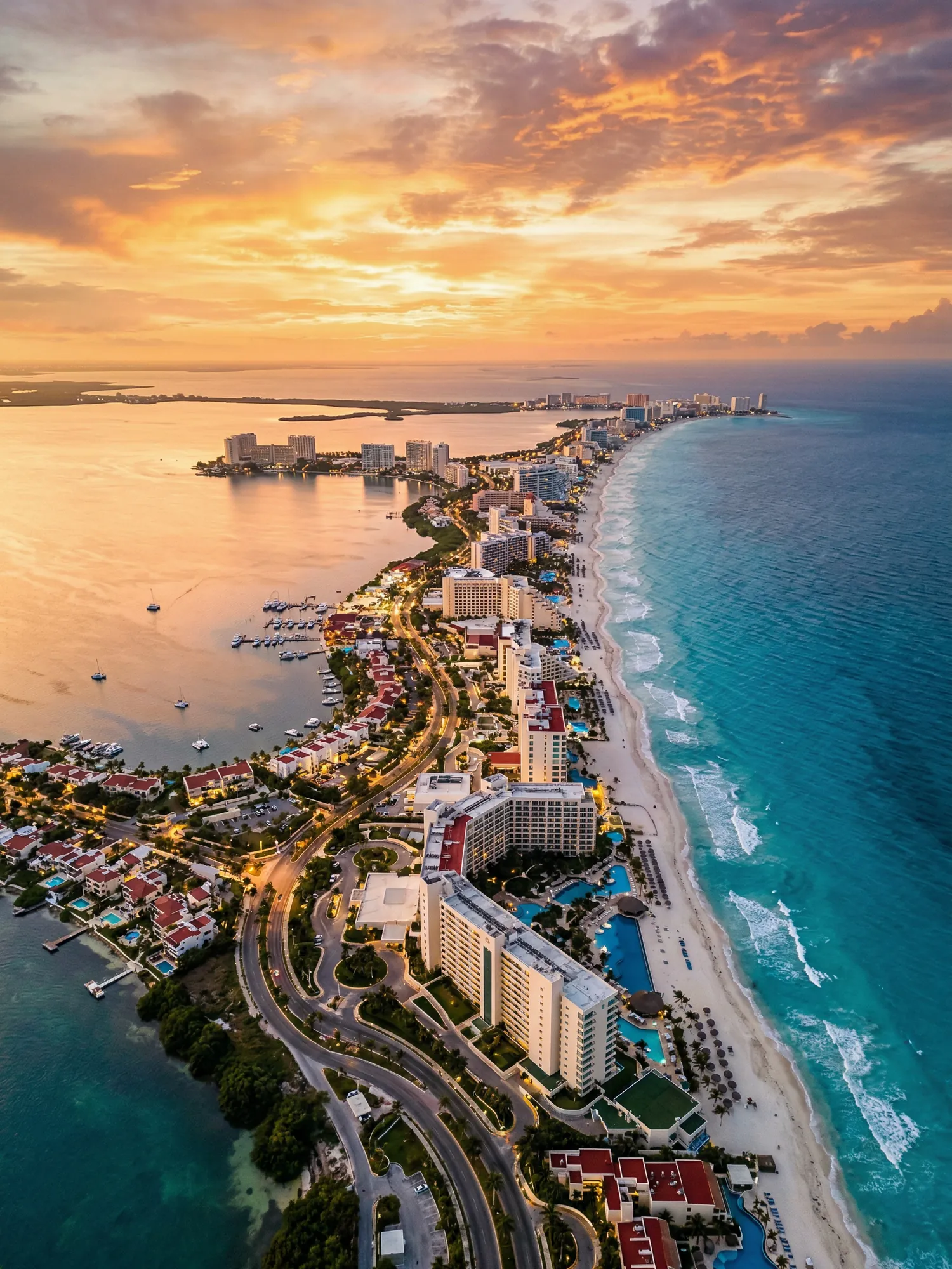Image of Panoramic Cityscape View Of Cancun At Sunset