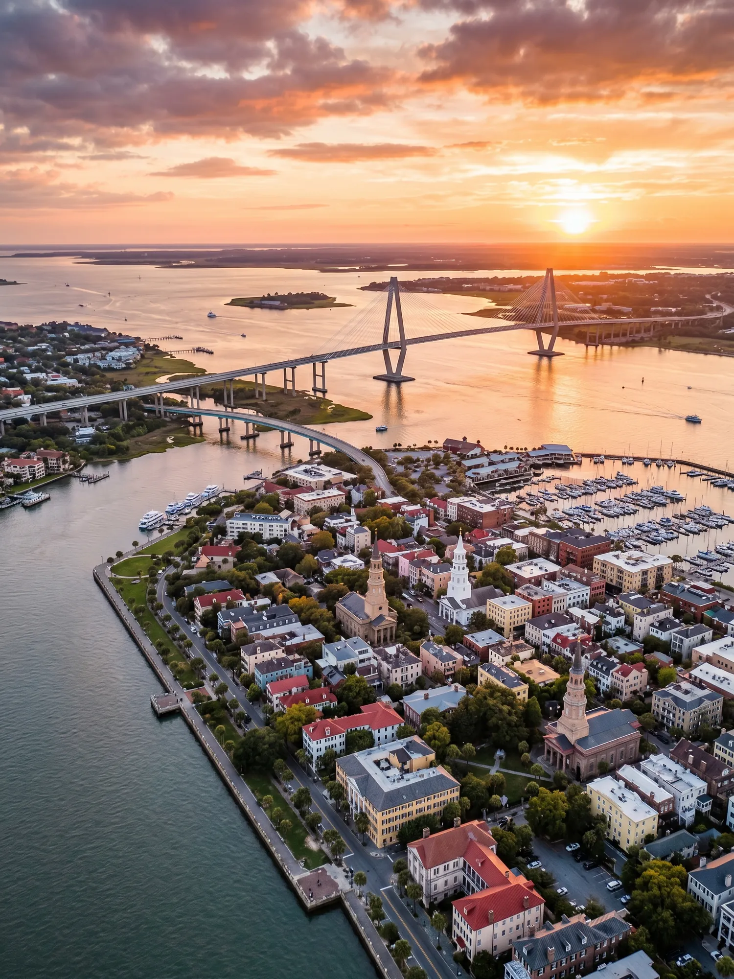 Image of Panoramic Cityscape View Of Charleston At Sunset