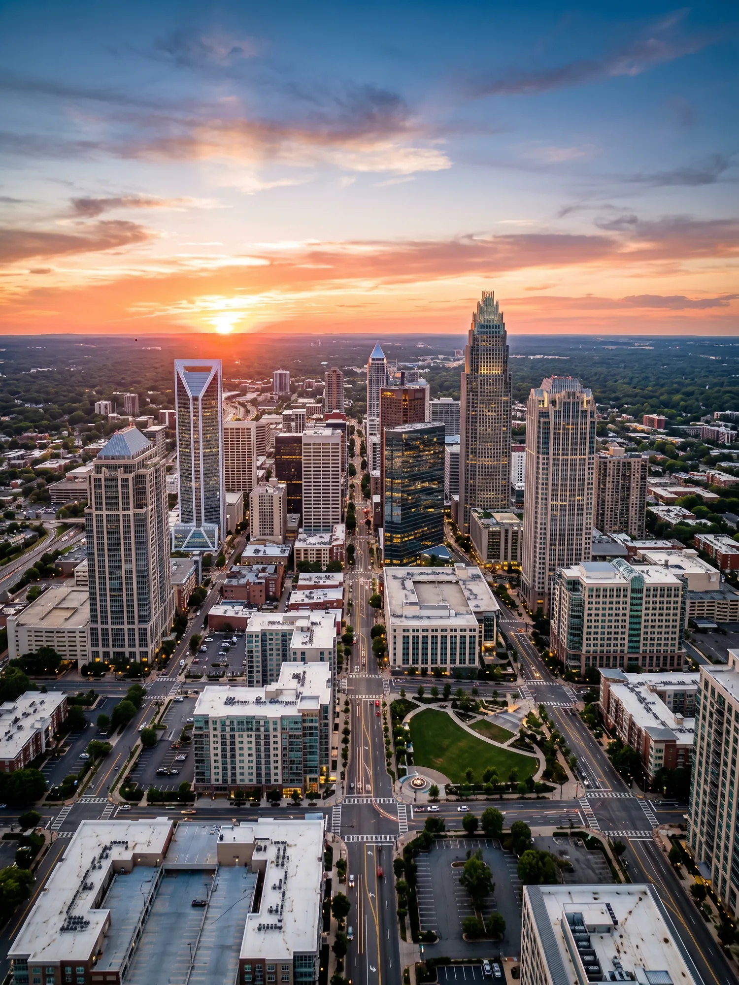 Image of Panoramic Cityscape View Of Charlotte At Sunset