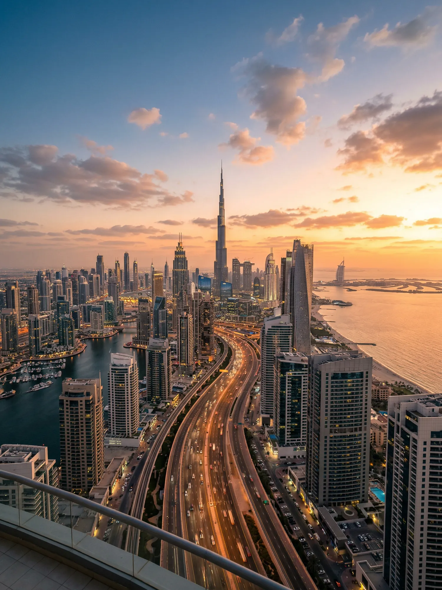 Image of Panoramic Cityscape View Of Dubai At Sunset