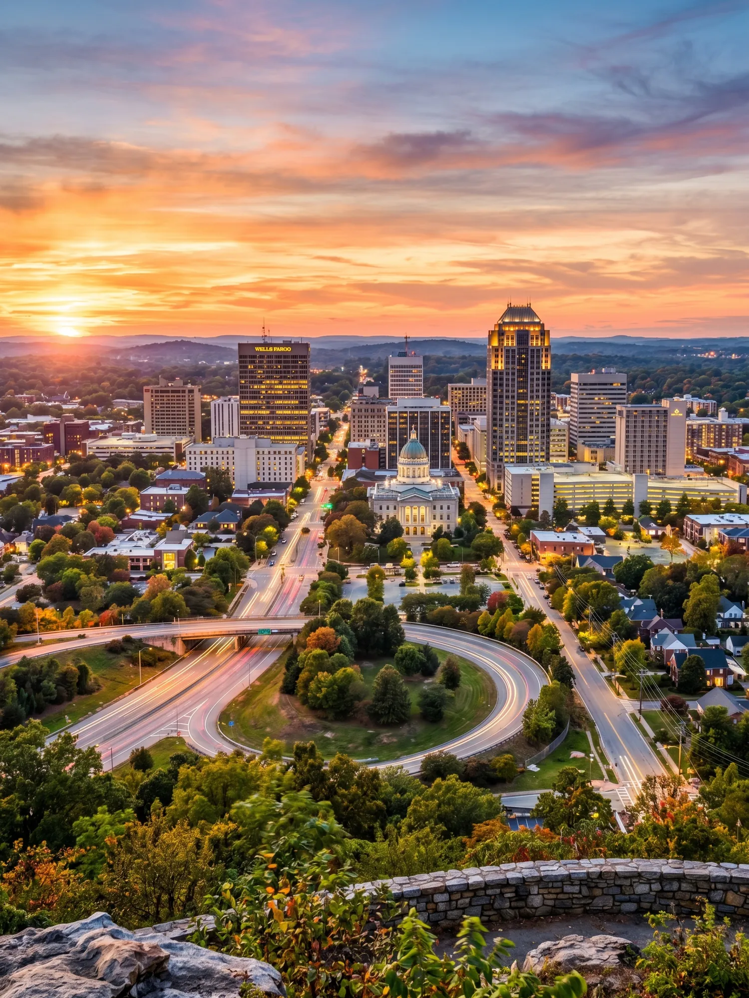 Image of Panoramic Cityscape View Of Greensboro At Sunset
