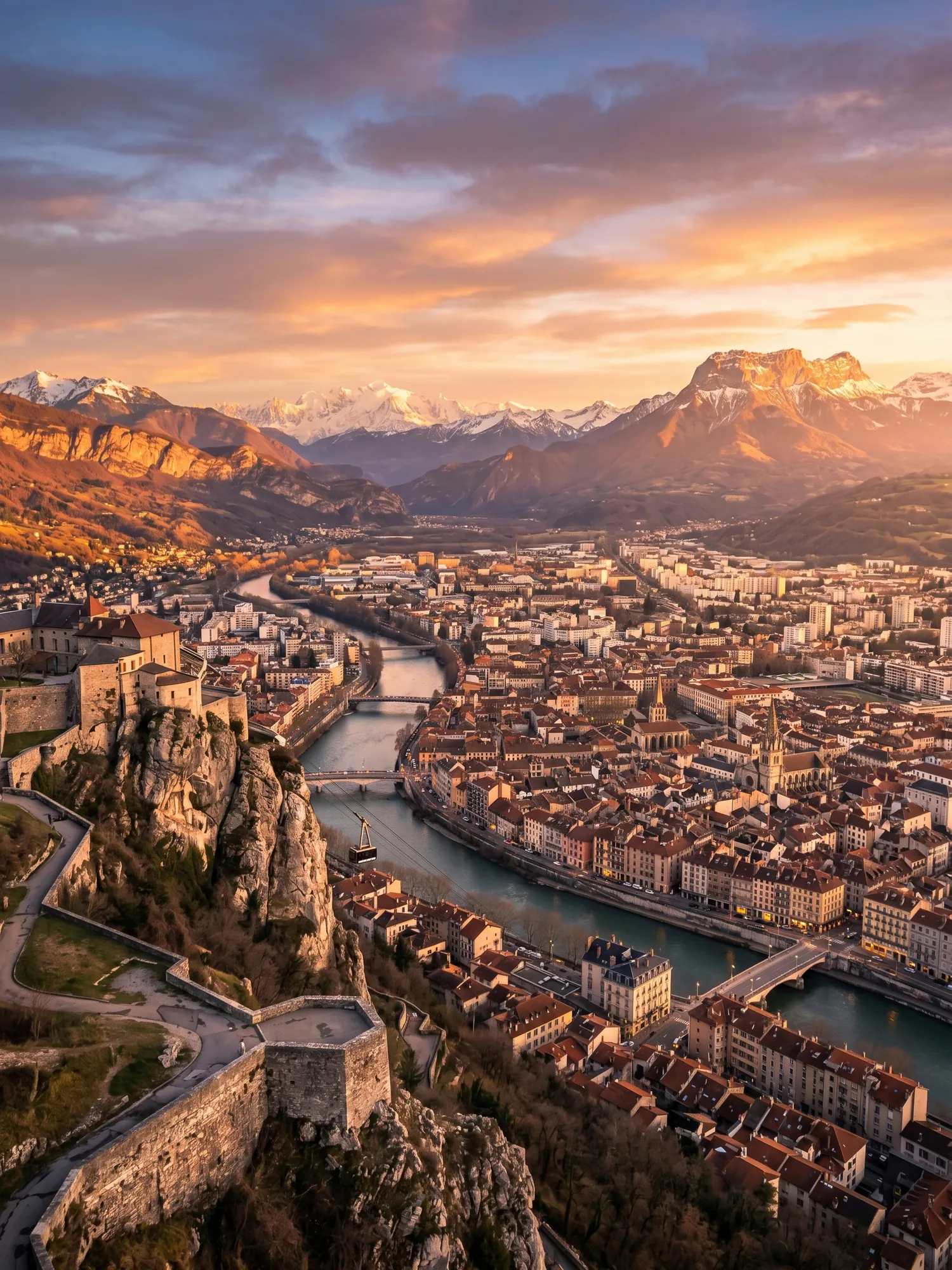 Image of Panoramic Cityscape View Of Grenoble At Sunset