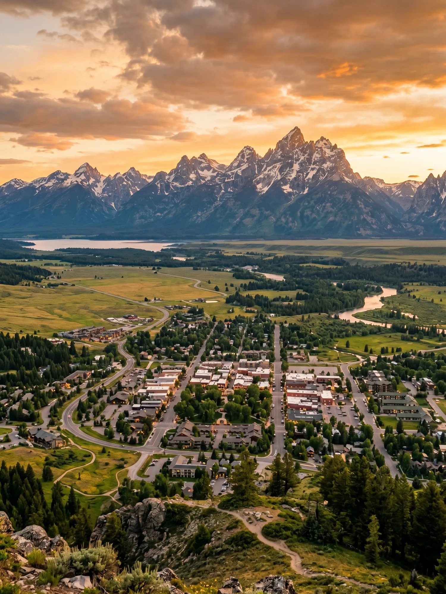 Image of Panoramic Cityscape View Of Jackson Hole At Sunset