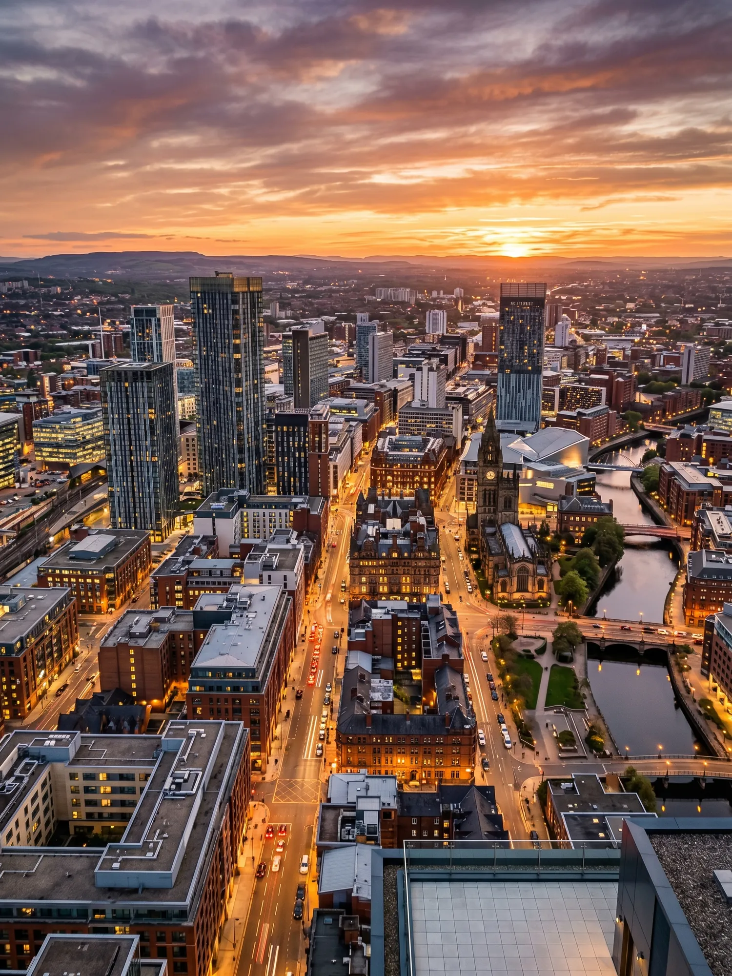 Image of Panoramic Cityscape View Of Manchester At Sunset