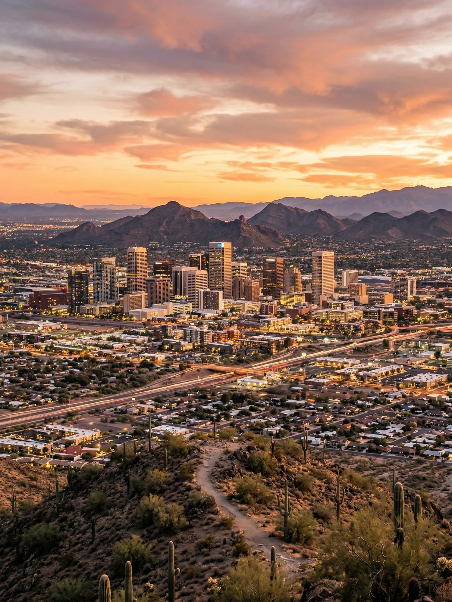 Image of Panoramic Cityscape View Of Phoenix At Sunset