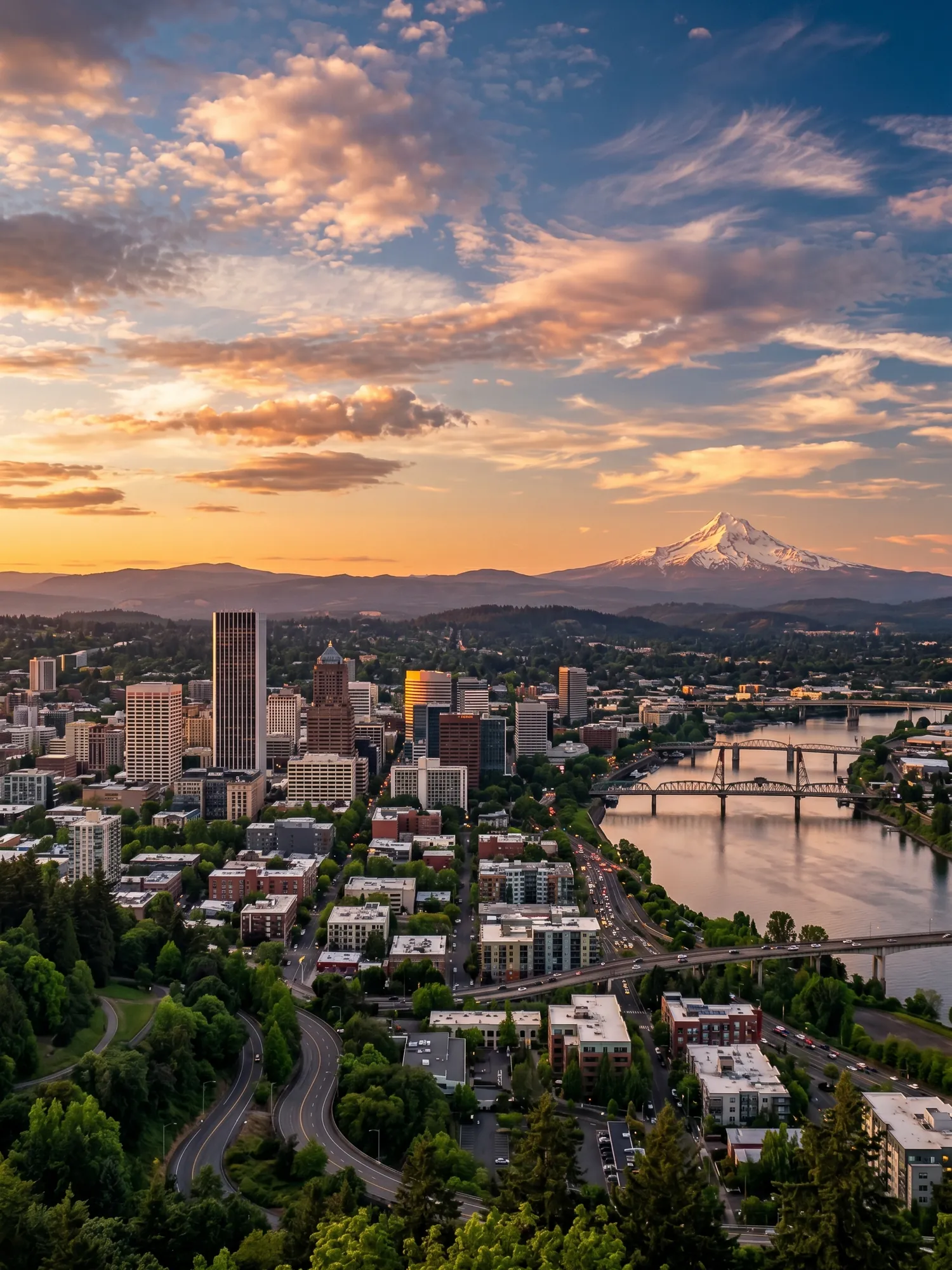 Image of Panoramic Cityscape View Of Portland At Sunset