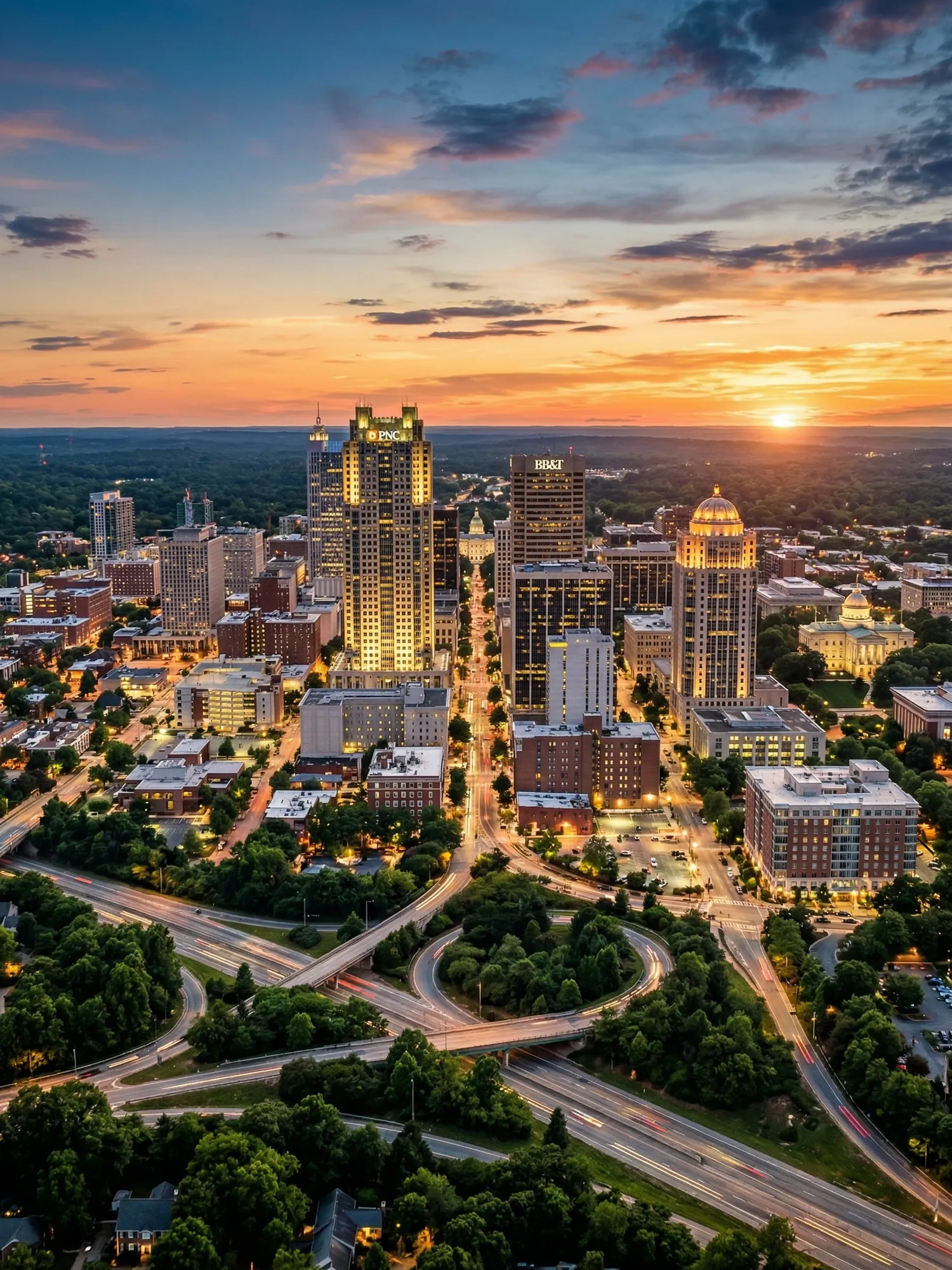 Image of Panoramic Cityscape View Of Raleigh At Sunset