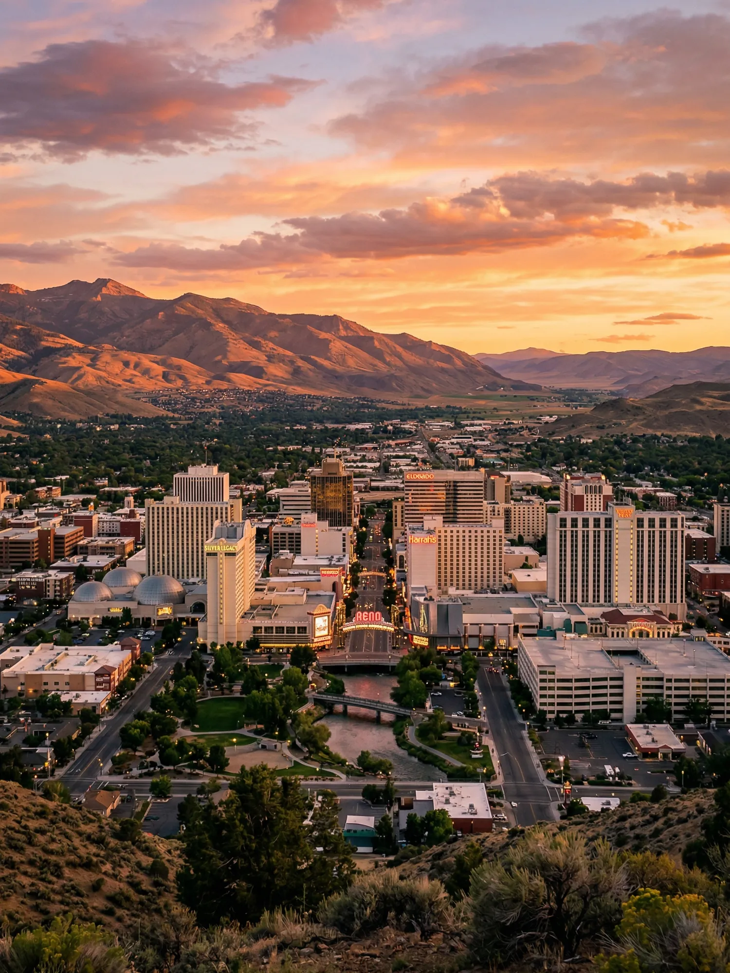 Image of Panoramic Cityscape View Of Reno At Sunset