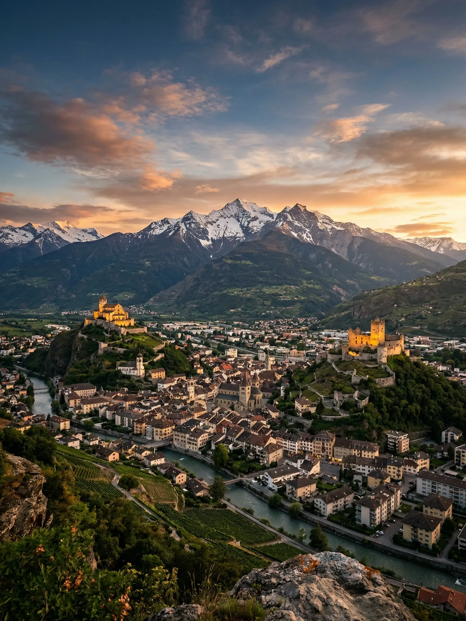 Image of Panoramic Cityscape View Of Sion At Sunset
