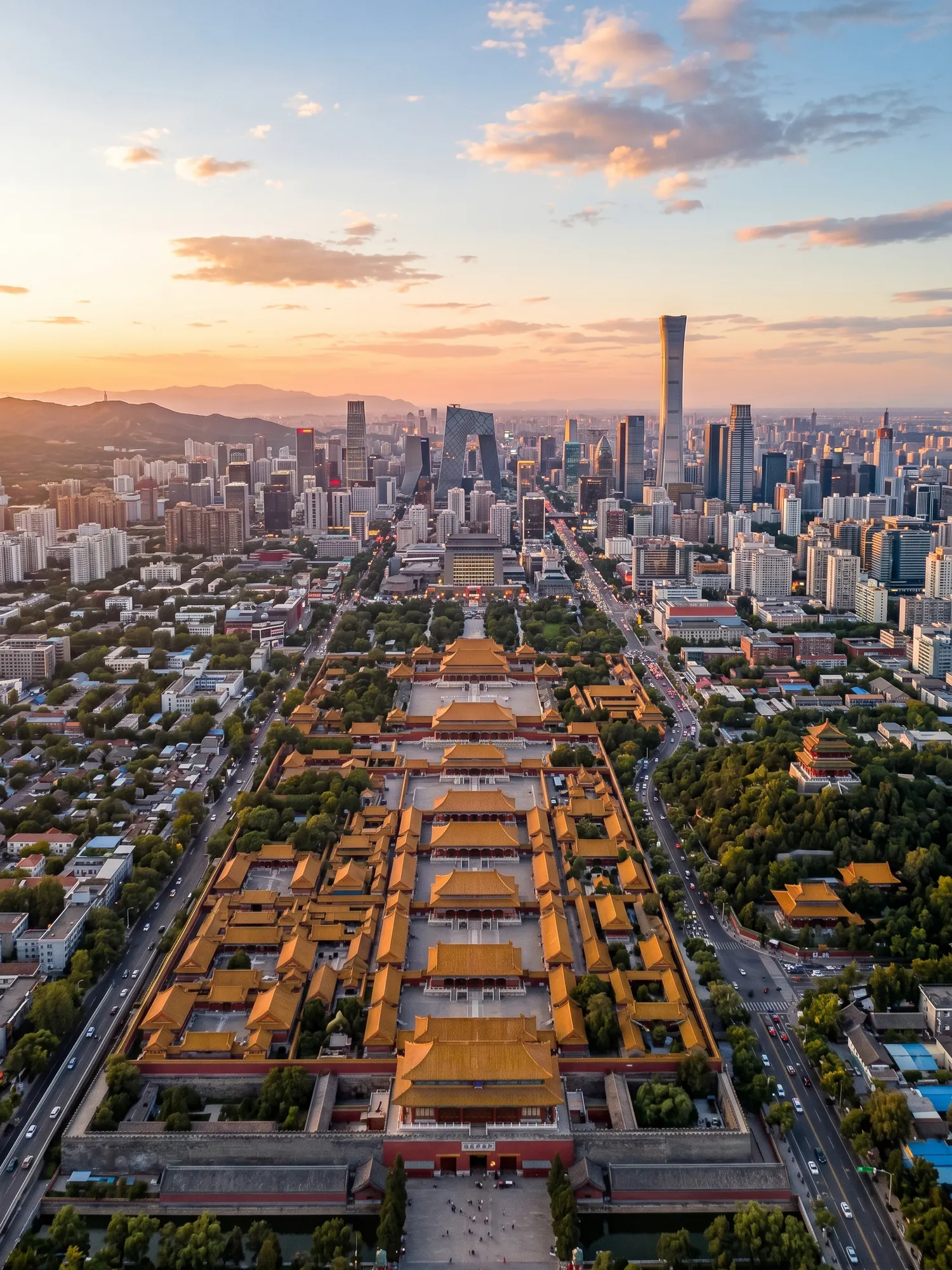 Panoramic aerial view of Beijing skyline at golden hour