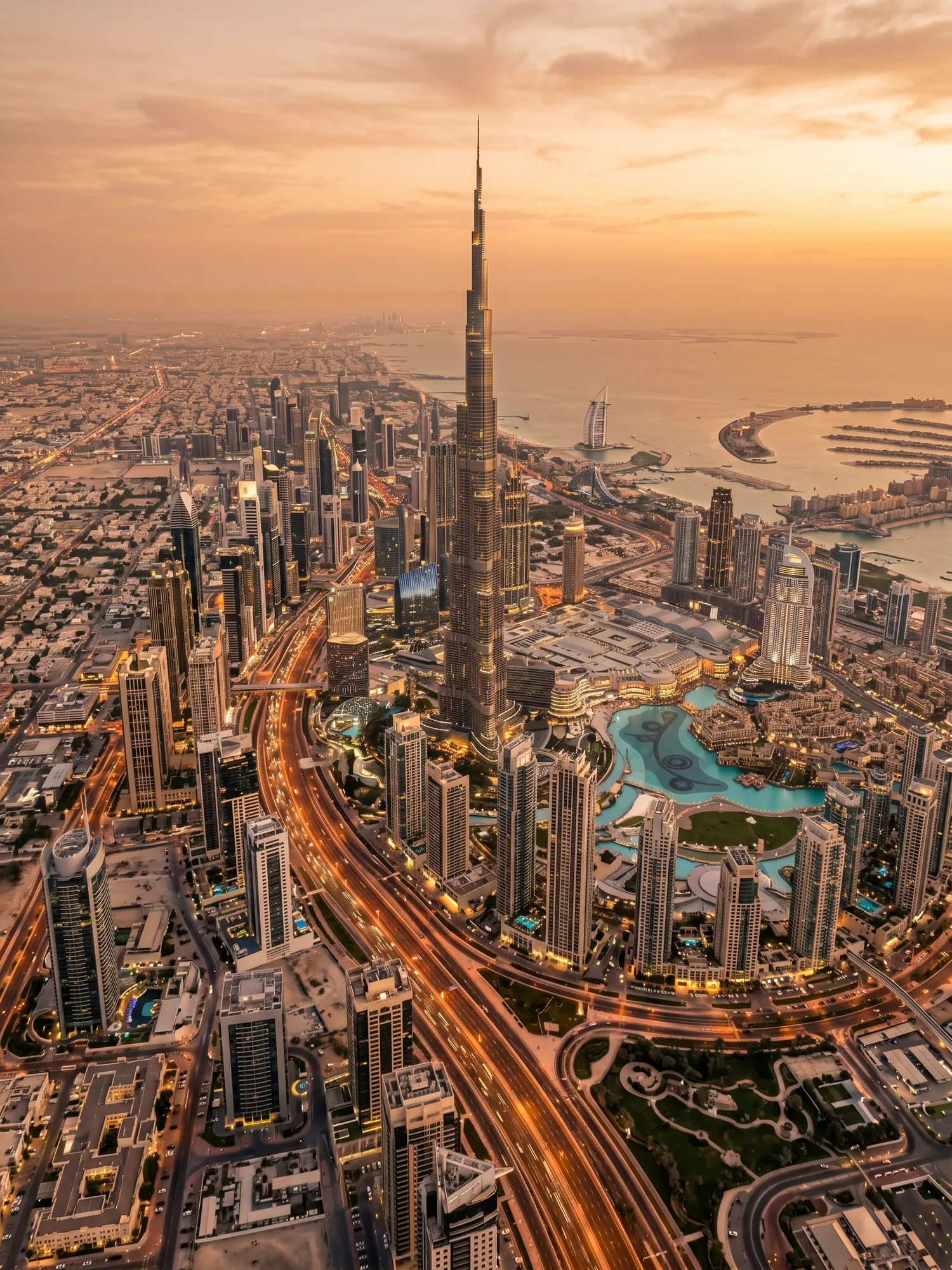 Panoramic aerial view of Dubai skyline at golden hour