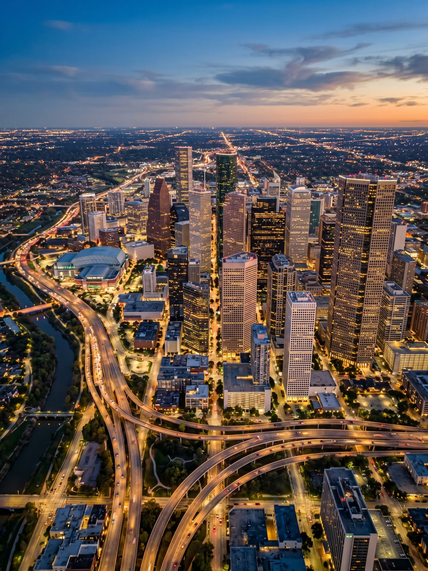 Panoramic aerial view of Houston skyline at golden hour