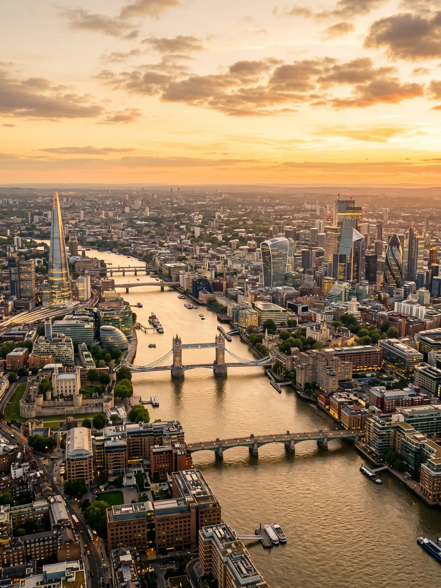 Panoramic aerial view of London skyline at golden hour