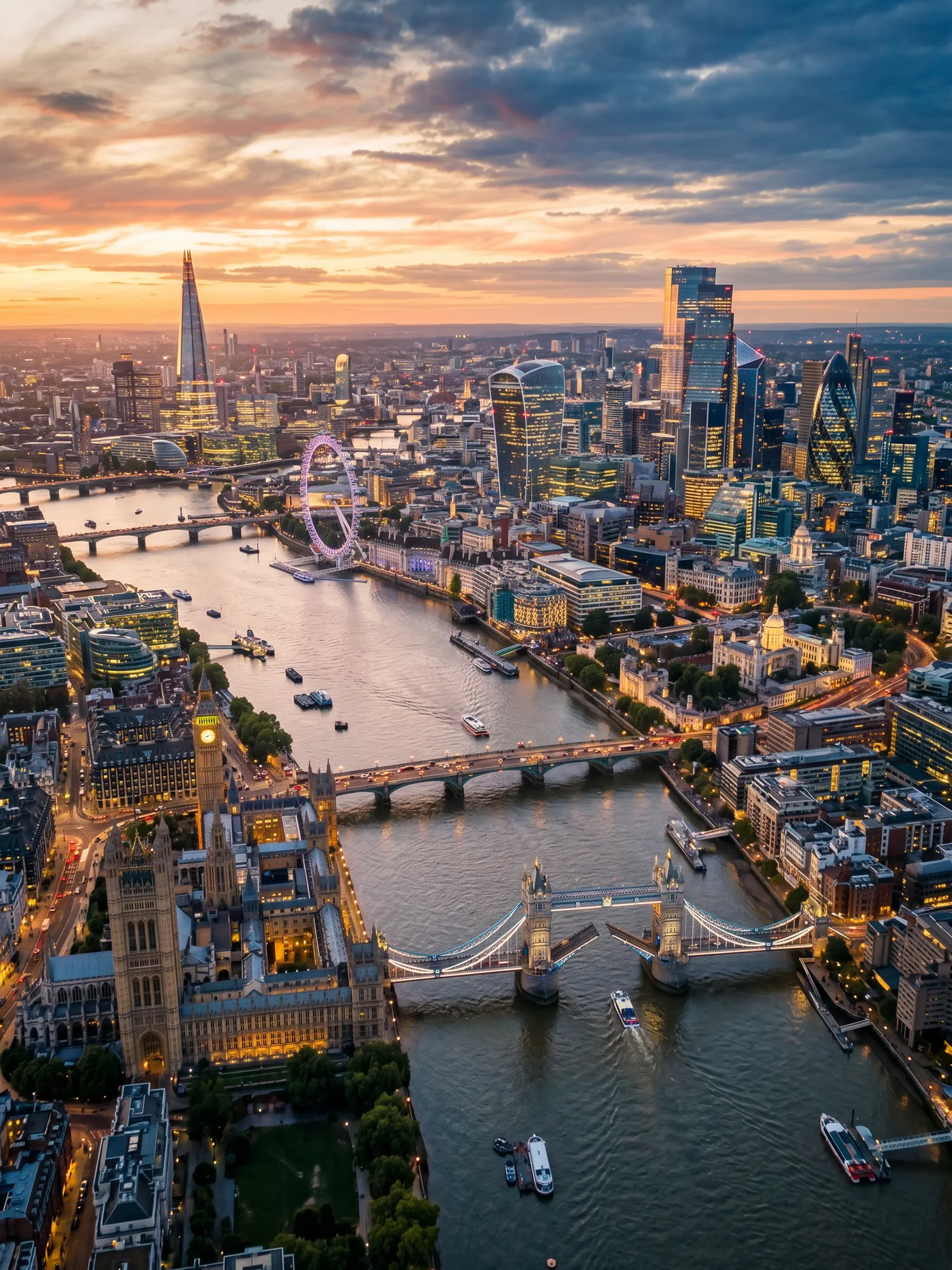 Panoramic aerial view of London skyline at golden hour
