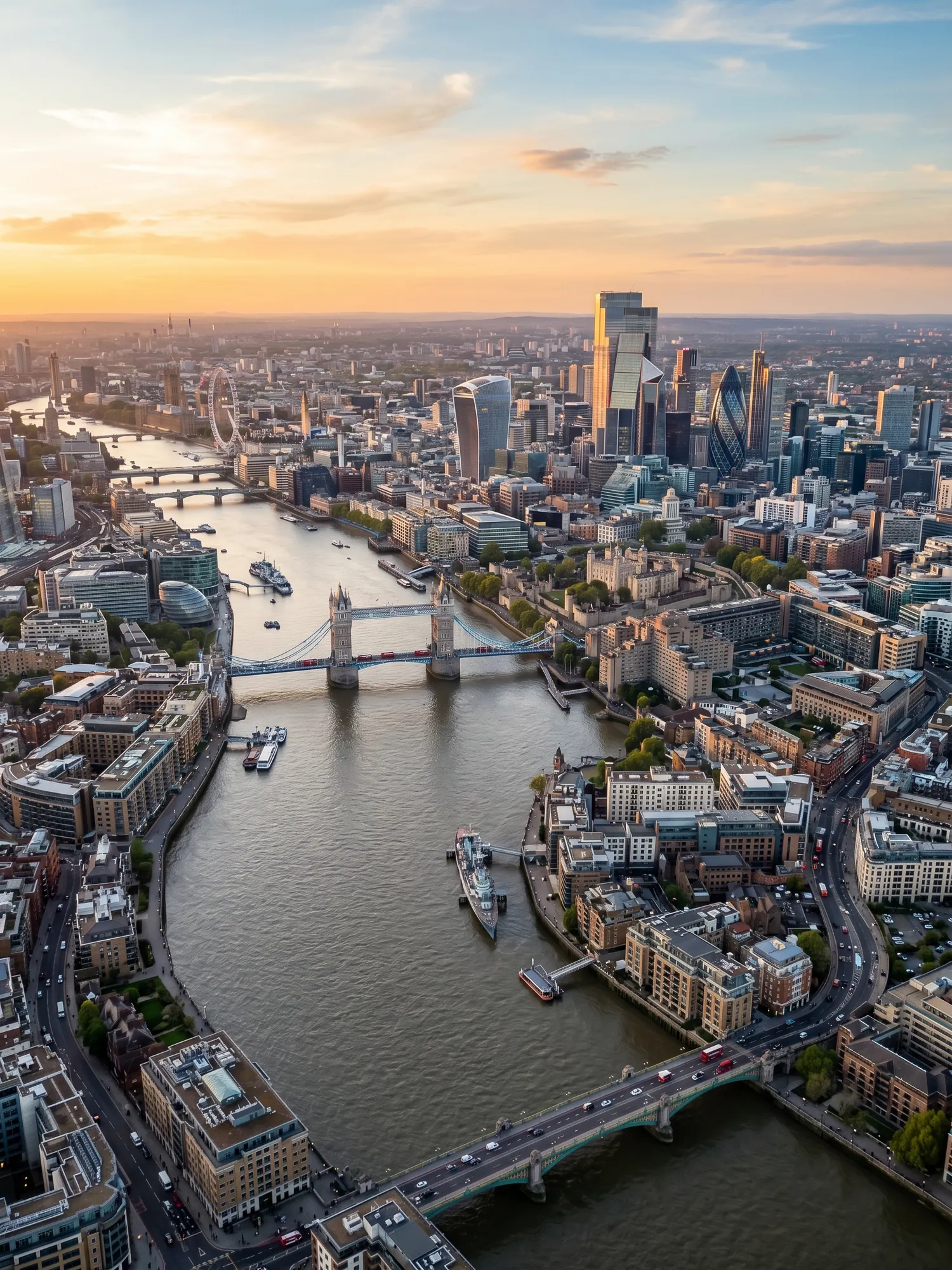 Panoramic aerial view of London skyline at golden hour