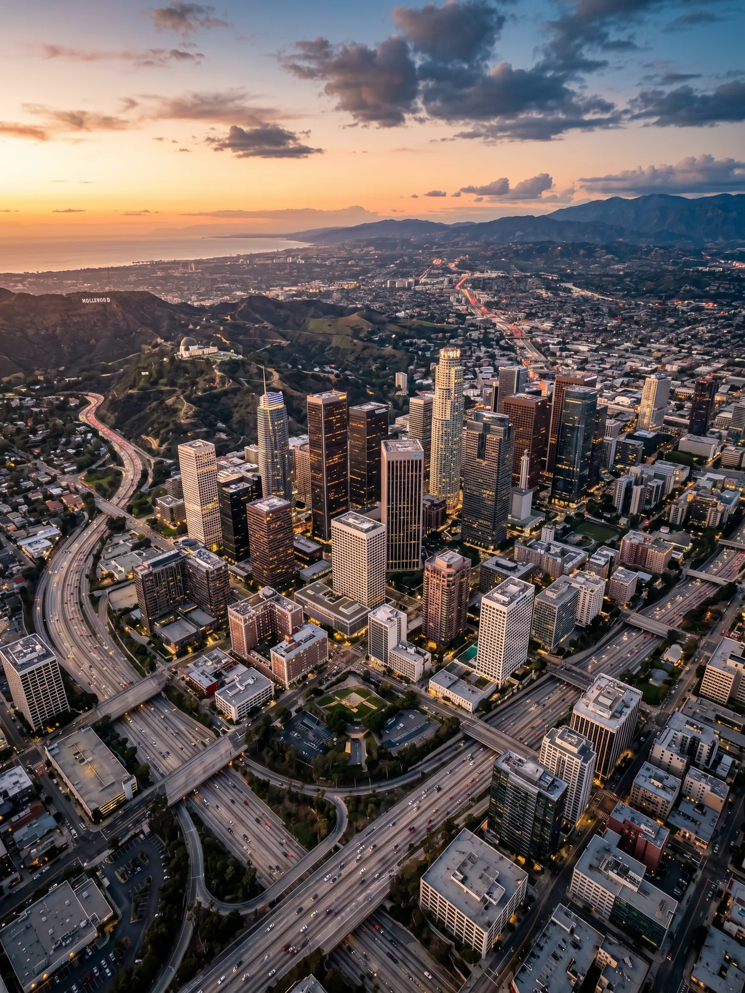 Panoramic aerial view of Los Angeles skyline at golden hour