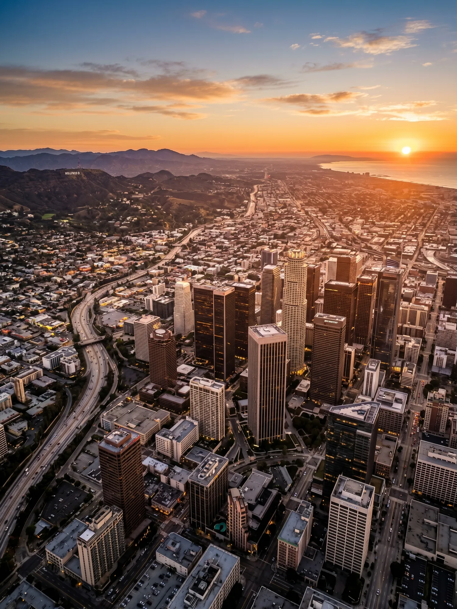 Panoramic aerial view of Los Angeles skyline at golden hour