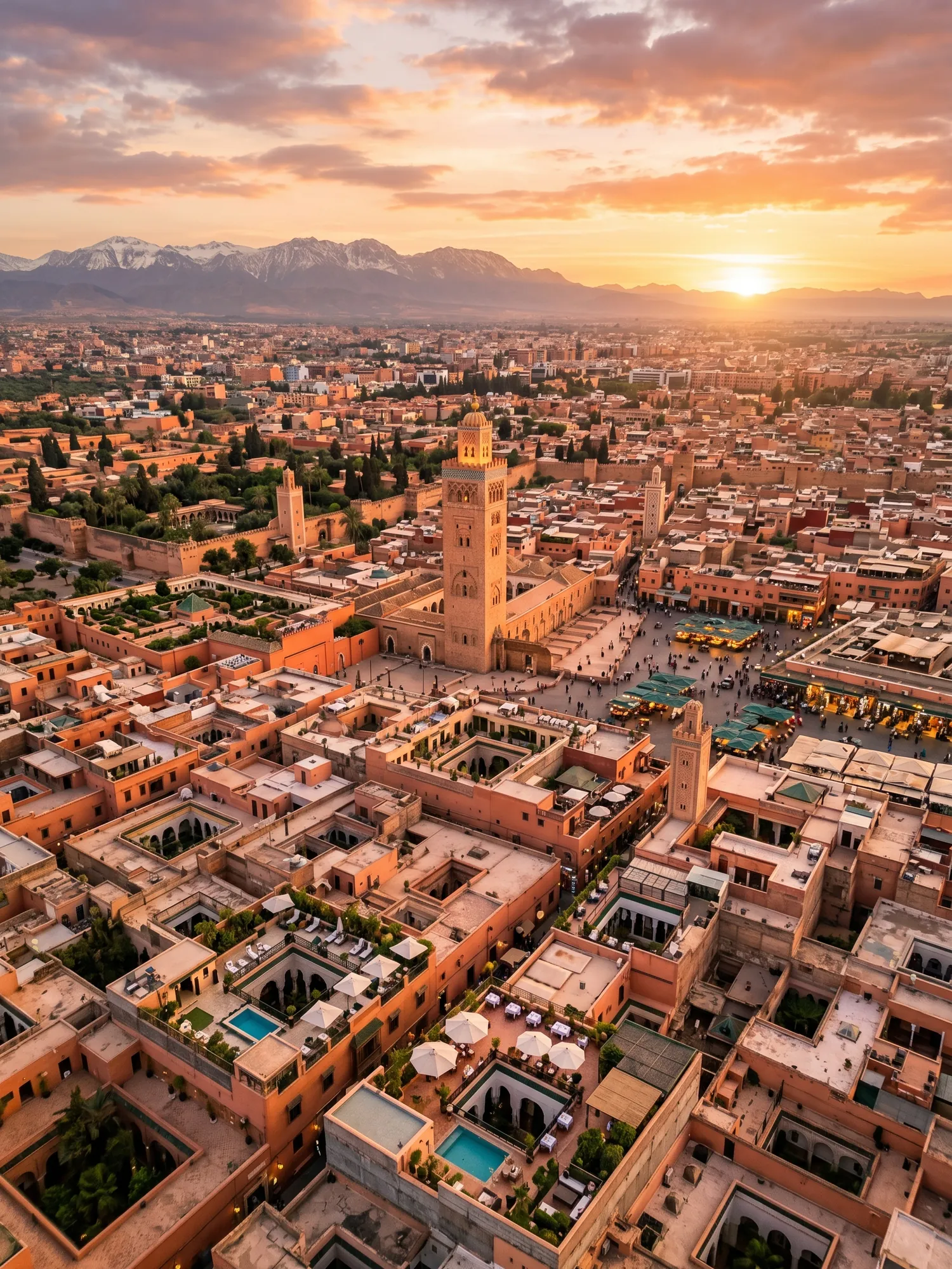 Panoramic aerial view of Marrakesh skyline at golden hour