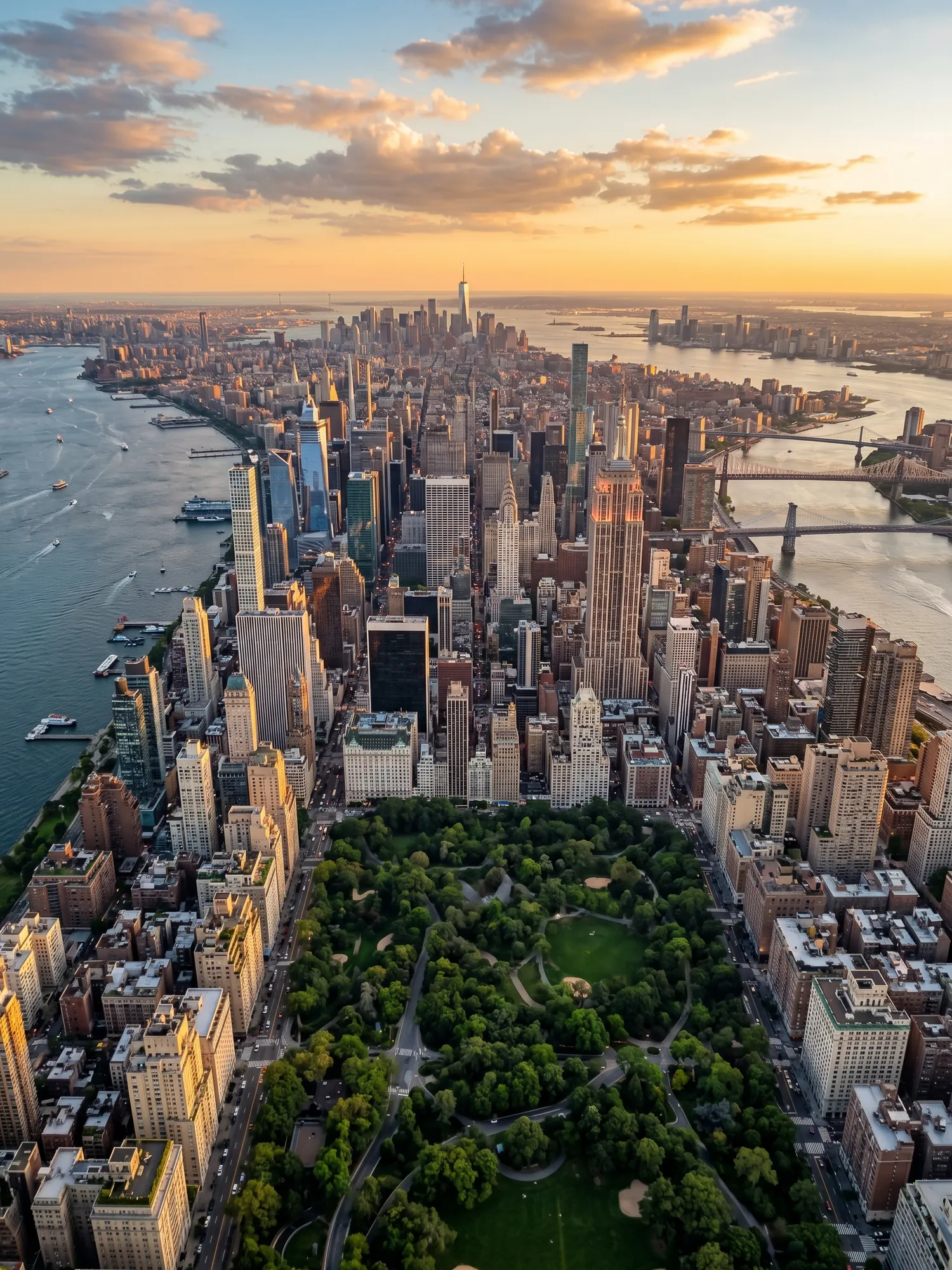 Panoramic aerial view of New York skyline at golden hour